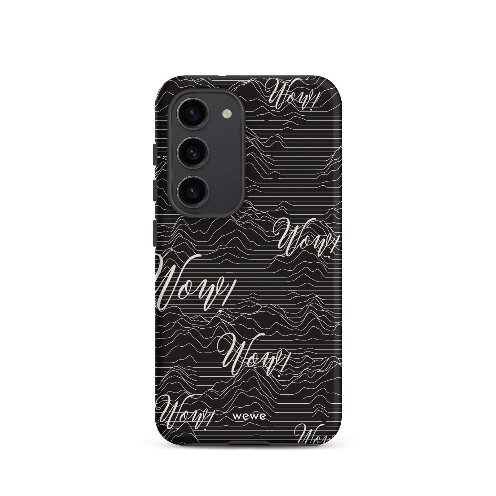Custom samsunng galaxy s23 Phone case with a black background, a wave pattern, and "Wow!" text repeated in a handwritten font.