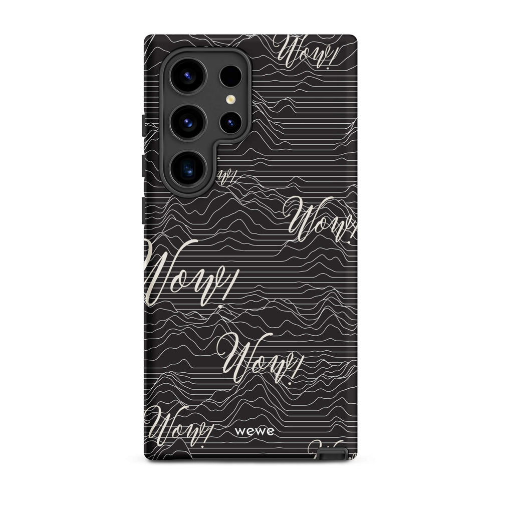 Custom samsunng galaxy s24 ultra  Phone case with a black background, a wave pattern, and "Wow!" text repeated in a handwritten font.