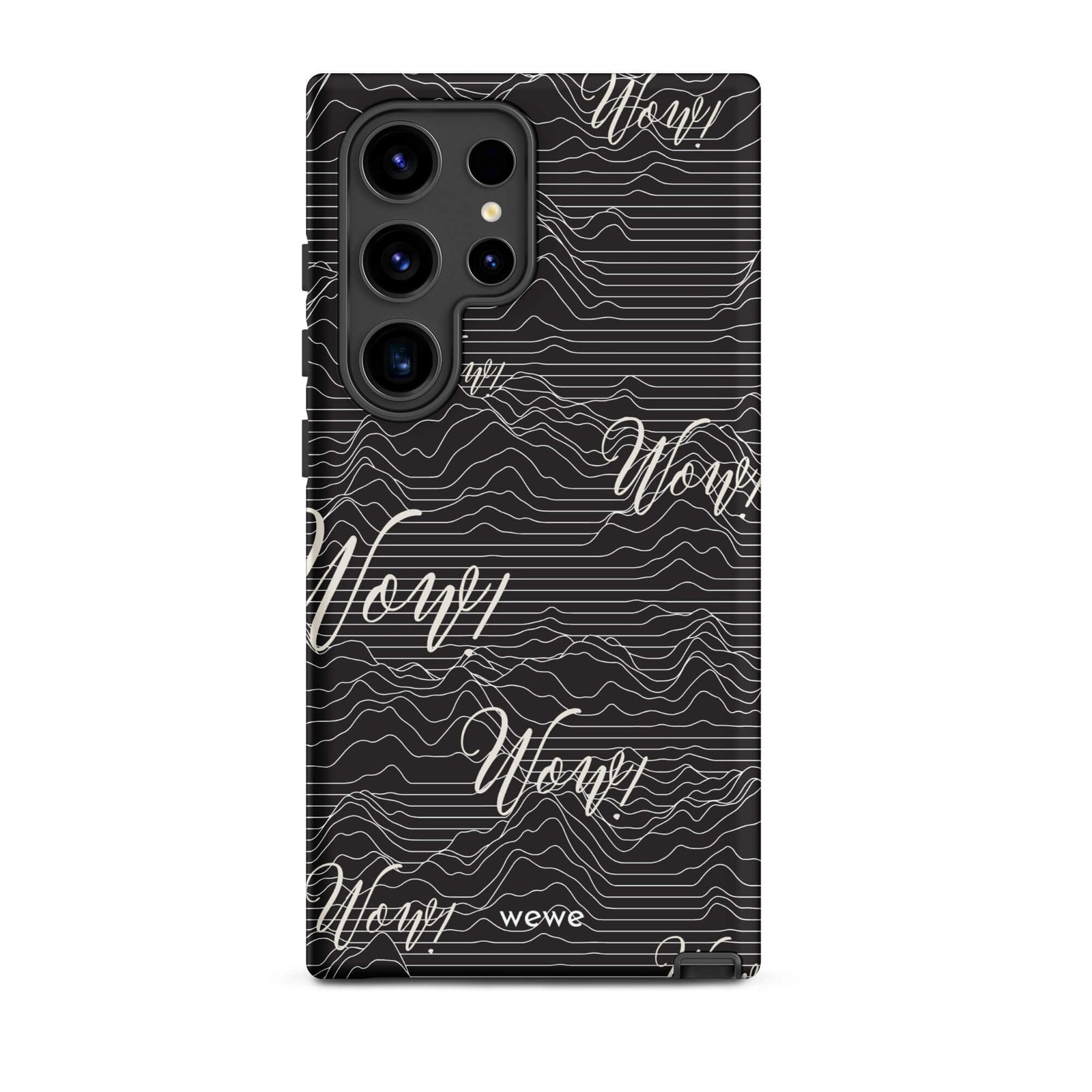 Custom samsunng galaxy s24 ultra  Phone case with a black background, a wave pattern, and "Wow!" text repeated in a handwritten font.