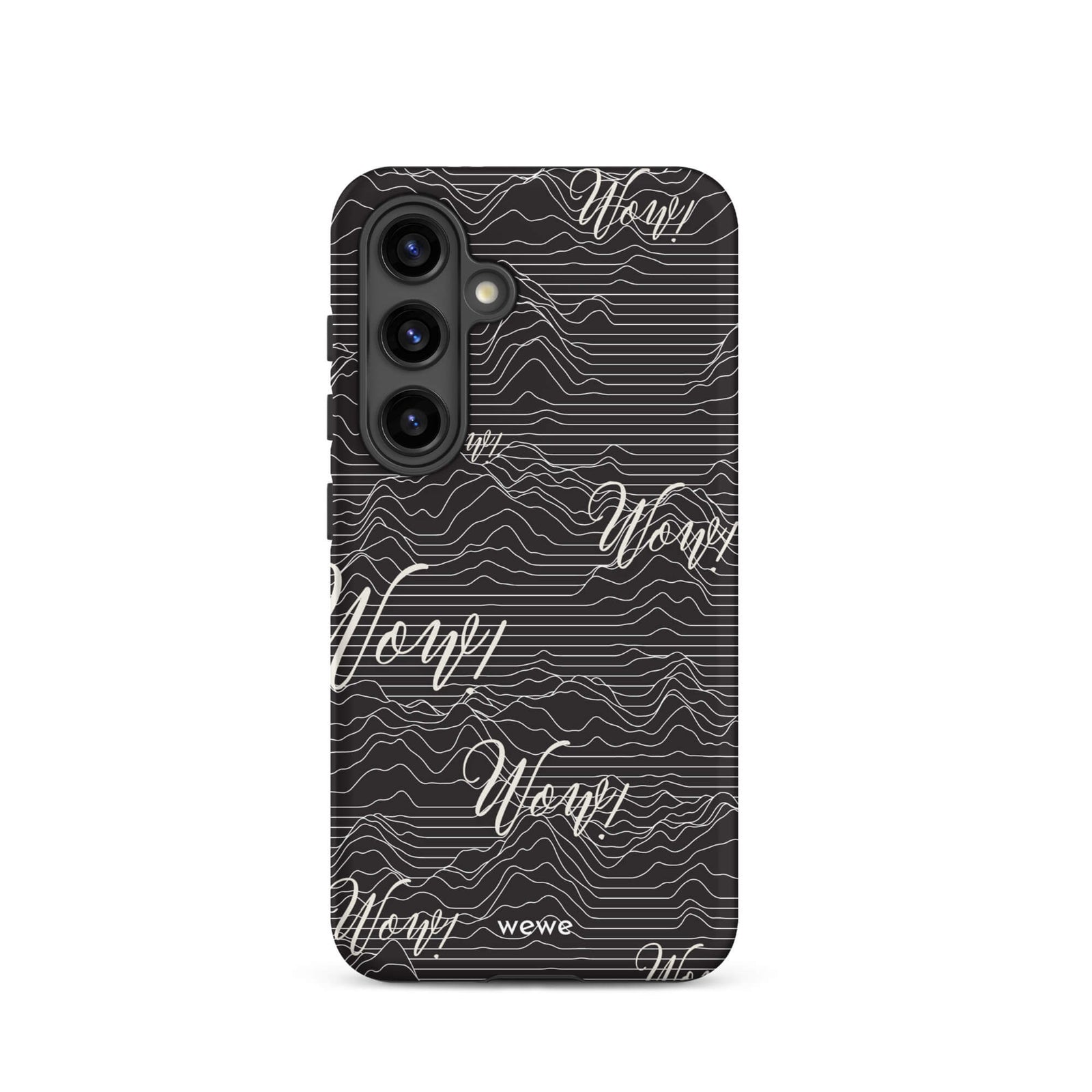 Custom samsunng galaxy s24 Phone case with a black background, a wave pattern, and "Wow!" text repeated in a handwritten font.
