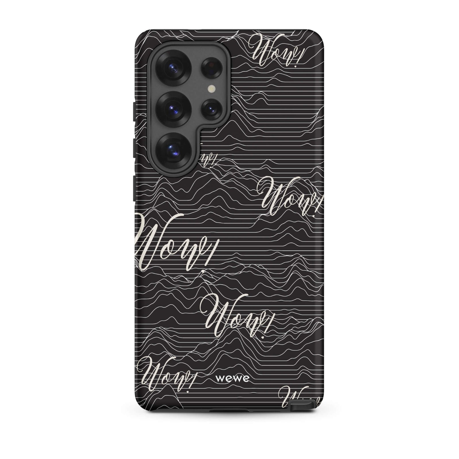 Custom samsunng galaxy s25 ultra  Phone case with a black background, a wave pattern, and "Wow!" text repeated in a handwritten font.