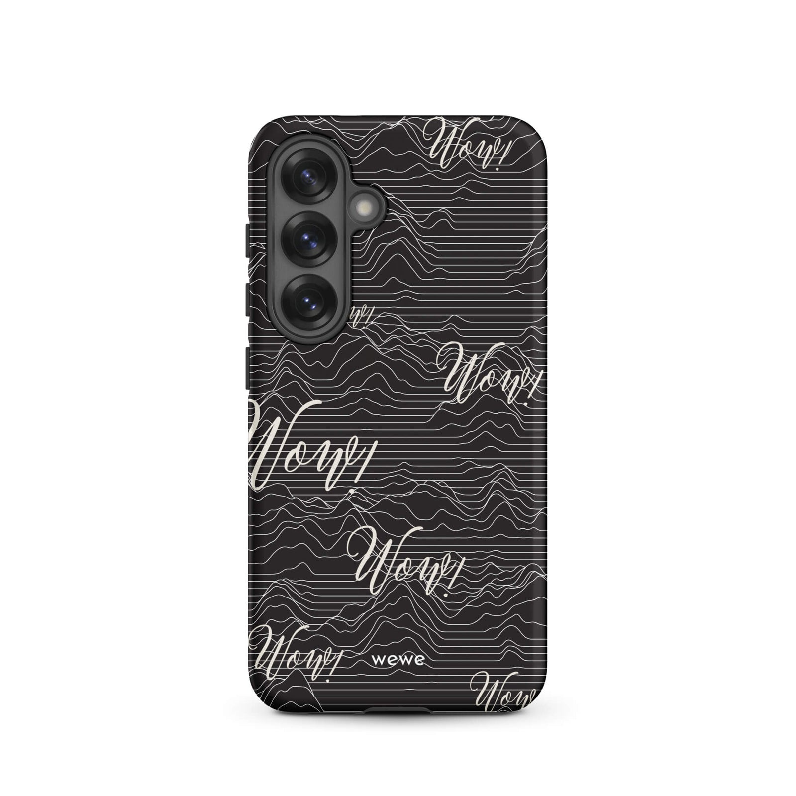 Custom samsunng galaxy s25 Phone case with a black background, a wave pattern, and "Wow!" text repeated in a handwritten font.