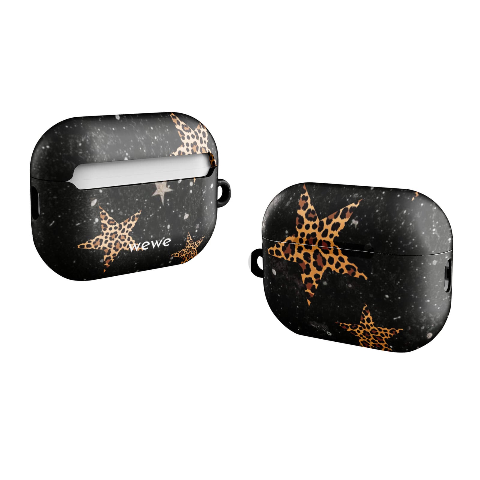 Custom AirPods case pro gen2 with a black galaxy-like background and a scattered leopard print star pattern.