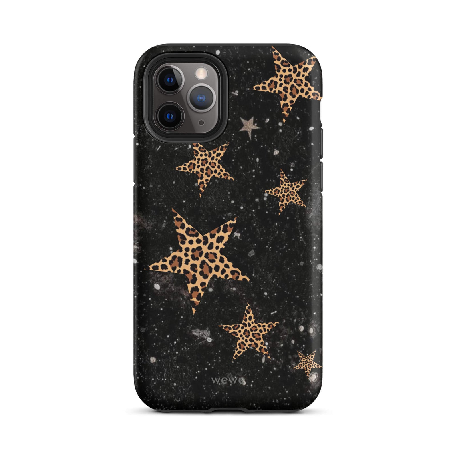 Custom iPhone case 11 pro with a black galaxy-like background and a scattered leopard print star pattern.