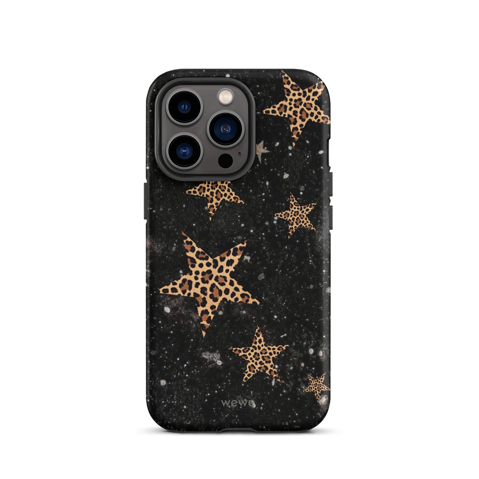 Custom iPhone case 13 pro with a black galaxy-like background and a scattered leopard print star pattern.