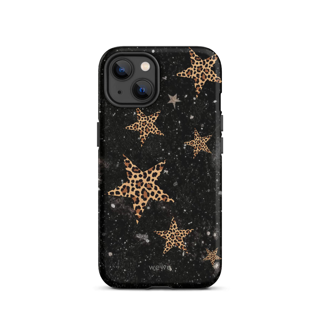 Custom iPhone case 13 with a black galaxy-like background and a scattered leopard print star pattern.