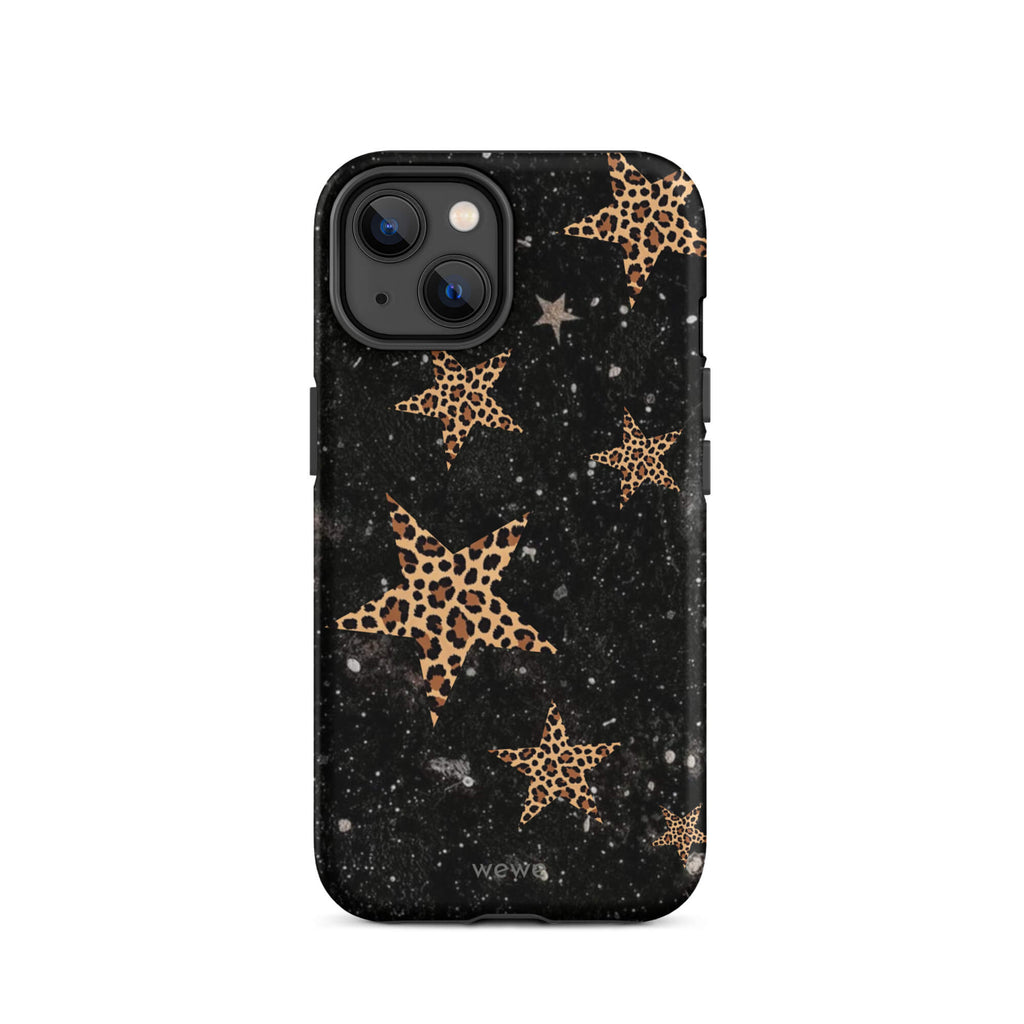 Custom iPhone case 14 with a black galaxy-like background and a scattered leopard print star pattern.