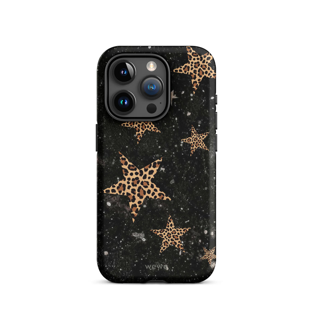 Custom iPhone case 15 pro with a black galaxy-like background and a scattered leopard print star pattern.