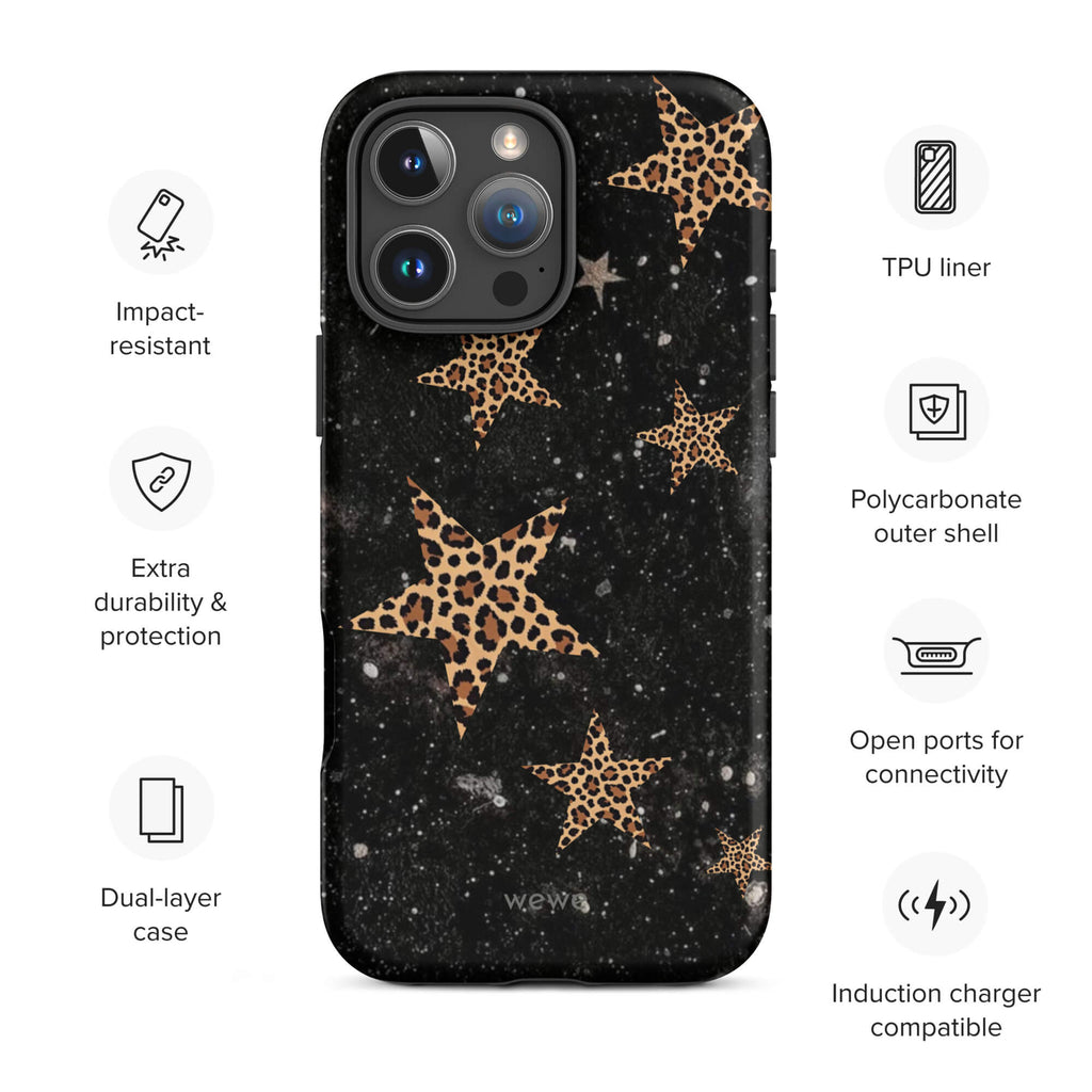 Custom leopard star iPhone case 16 pro max wireless charging compatible.
