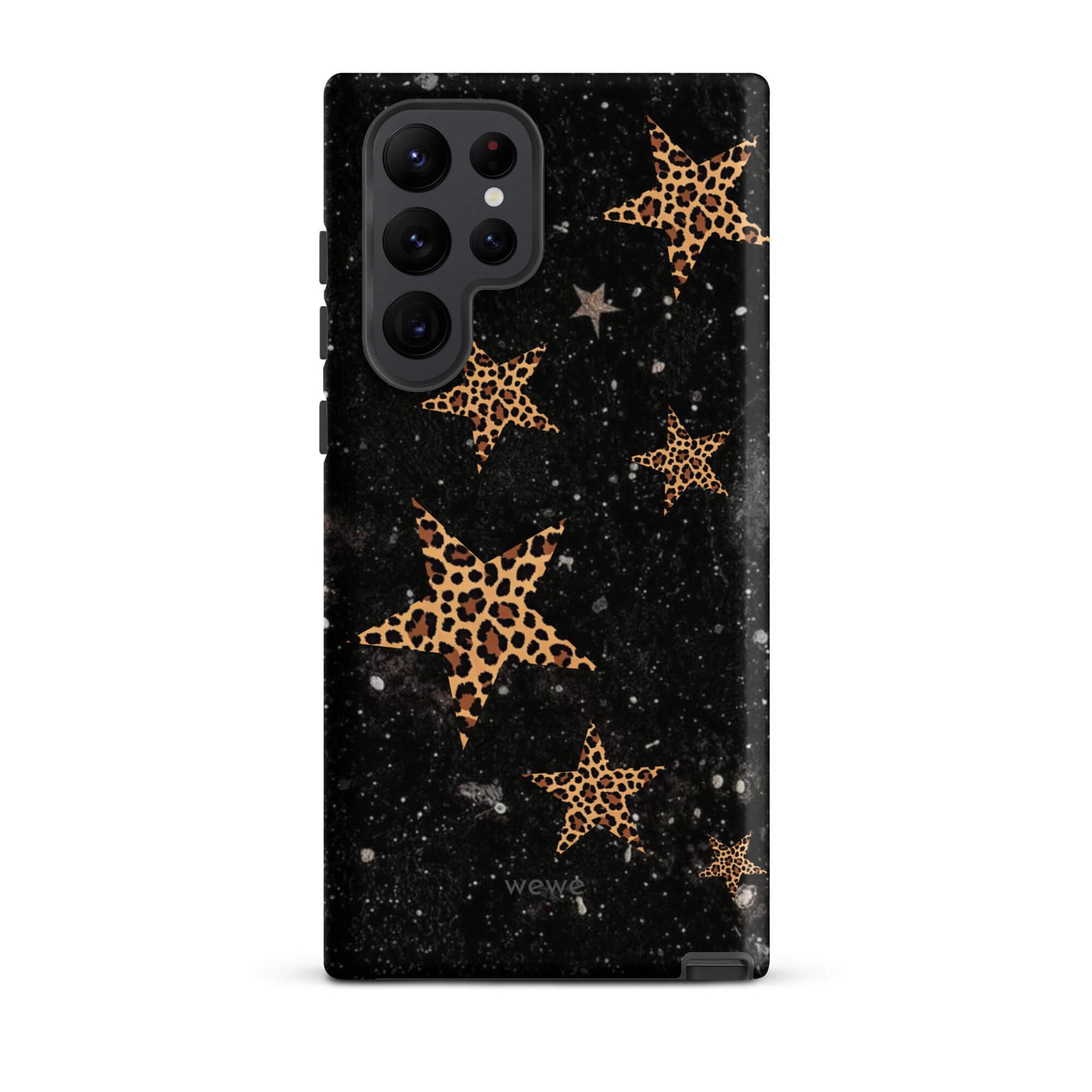 Custom samsung galaxy s22 ultra Phone case with a black galaxy-like background and a scattered leopard print star pattern.