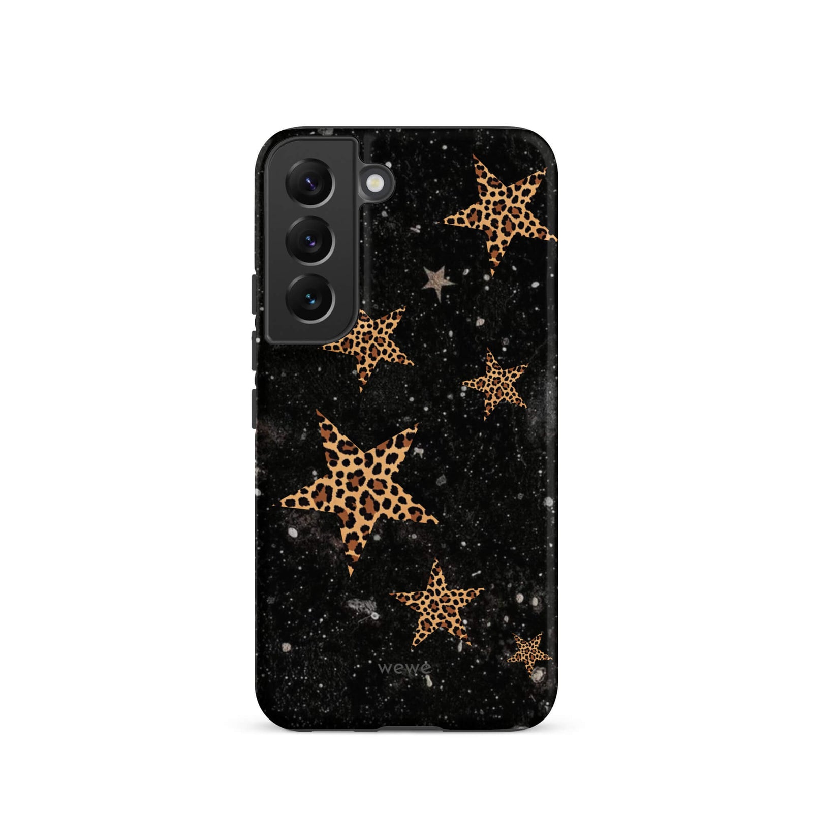 Custom samsung galaxy s22 Phone case with a black galaxy-like background and a scattered leopard print star pattern.