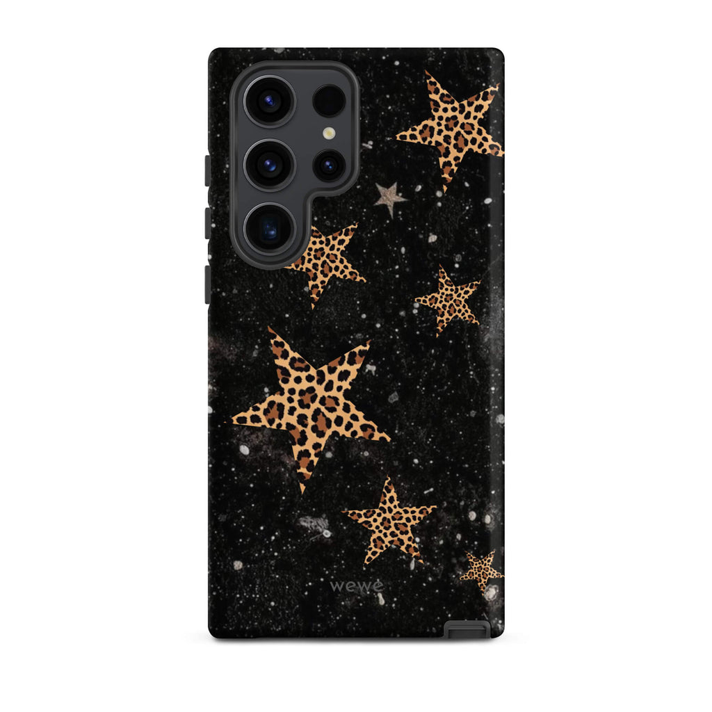 Custom samsung galaxy s23 ultra Phone case with a black galaxy-like background and a scattered leopard print star pattern.