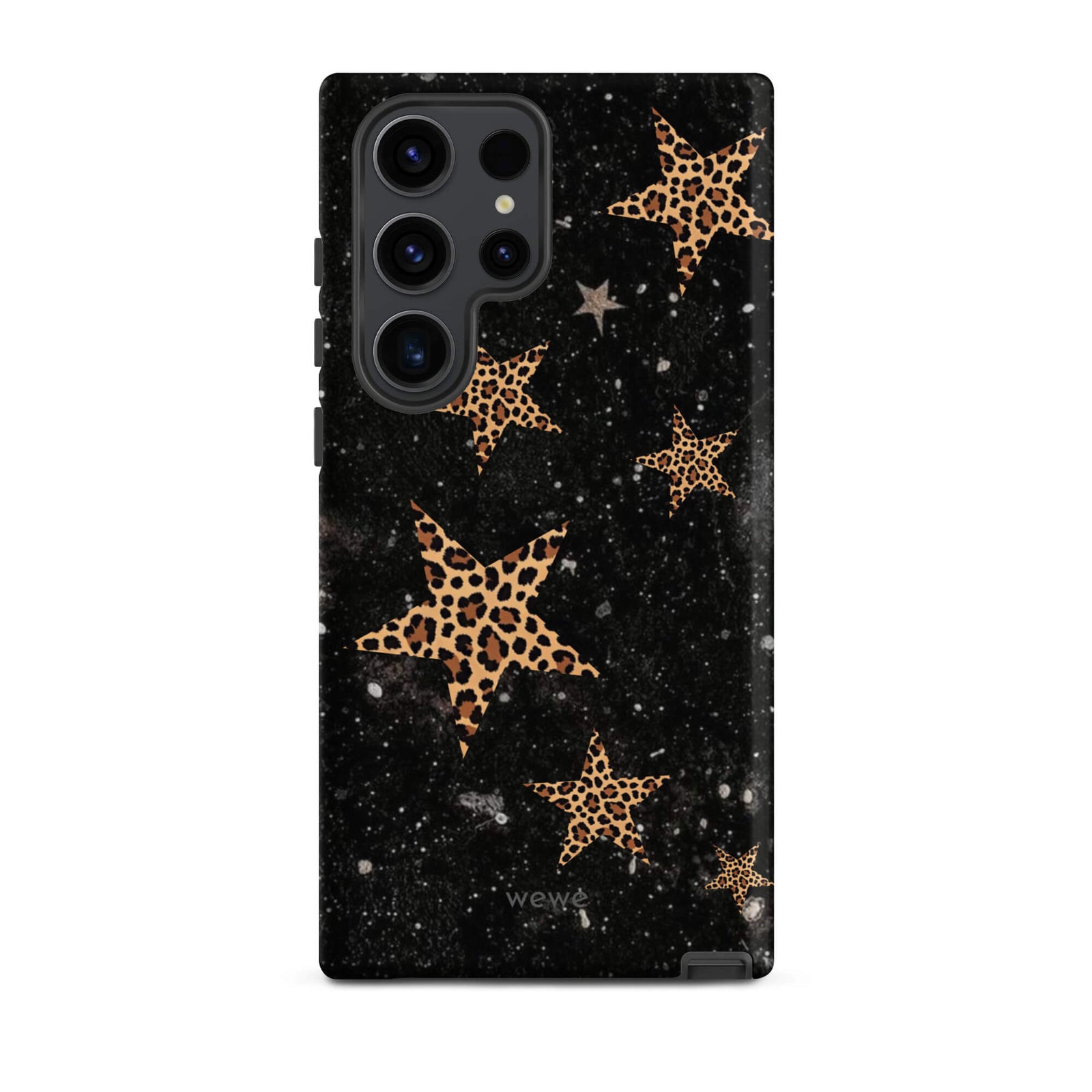Custom samsung galaxy s23 ultra Phone case with a black galaxy-like background and a scattered leopard print star pattern.