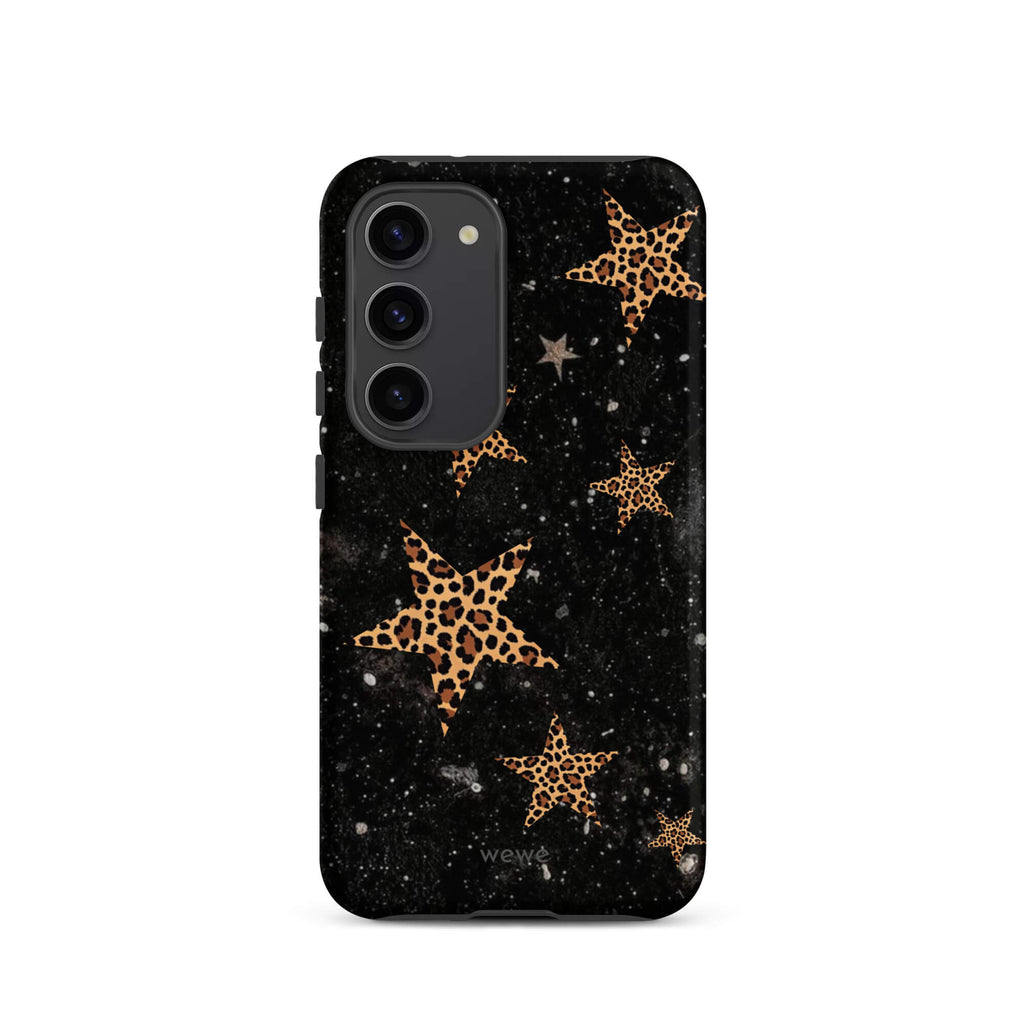 Custom samsung galaxy s23 Phone case with a black galaxy-like background and a scattered leopard print star pattern.