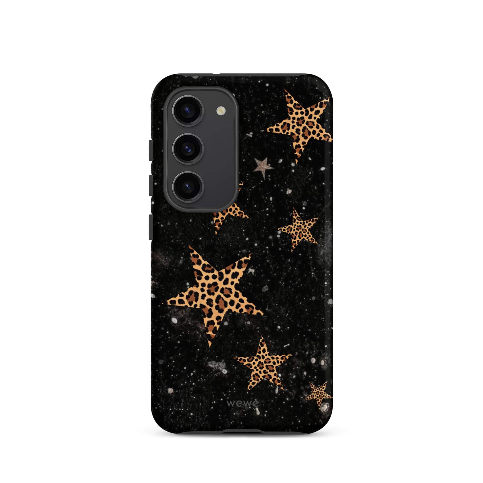 Custom samsung galaxy s23 Phone case with a black galaxy-like background and a scattered leopard print star pattern.
