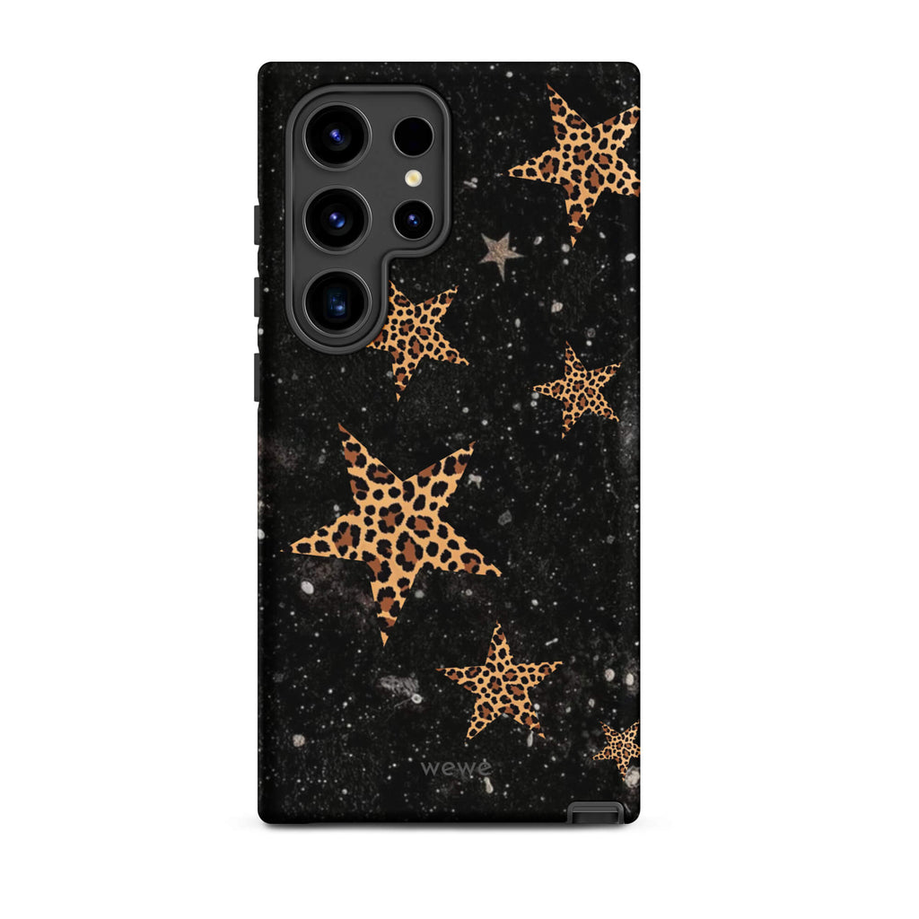 Custom samsung galaxy s24 ultra Phone case with a black galaxy-like background and a scattered leopard print star pattern.