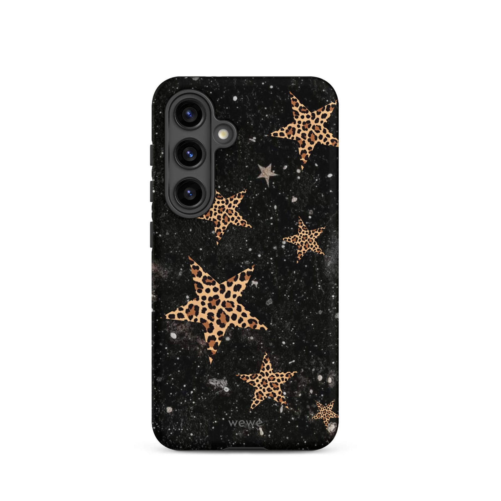 Custom samsung galaxy s24 Phone case with a black galaxy-like background and a scattered leopard print star pattern.
