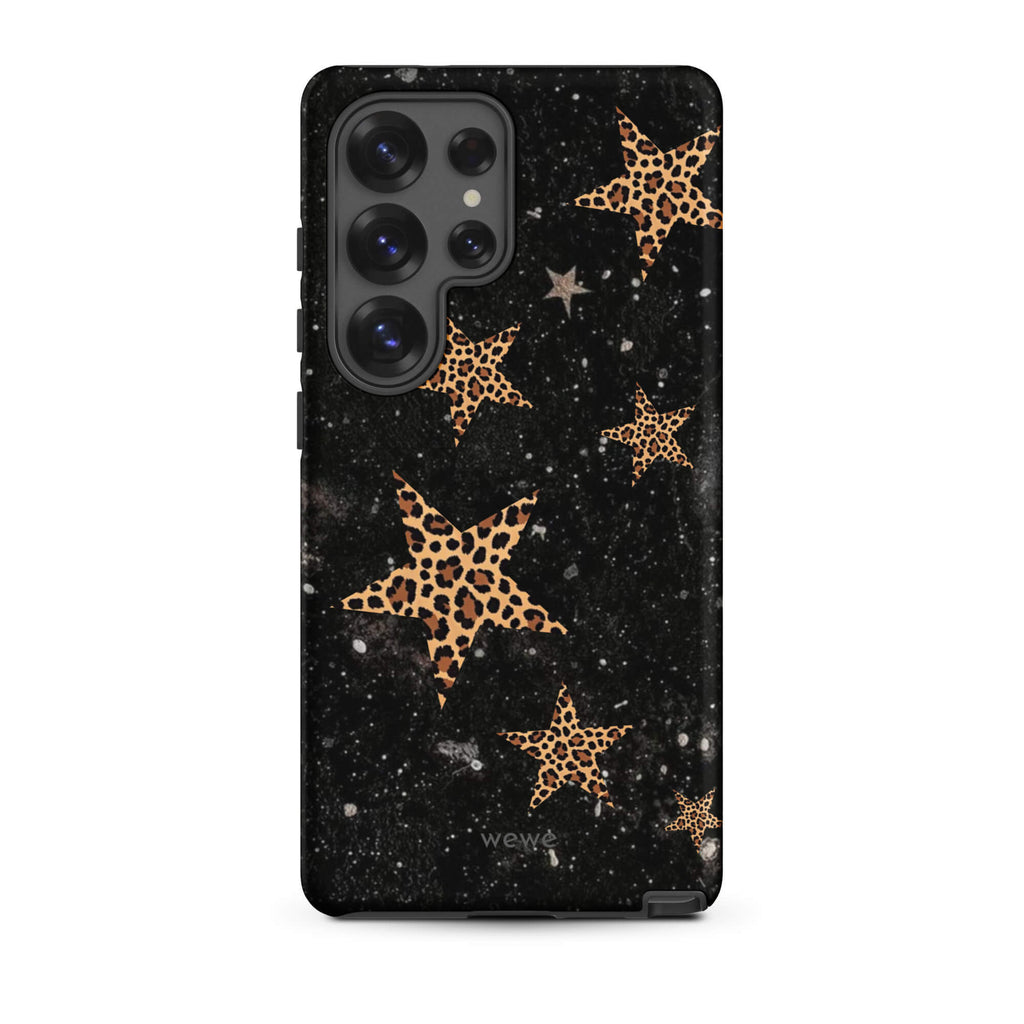 Custom samsung galaxy s25 ultra Phone case with a black galaxy-like background and a scattered leopard print star pattern.