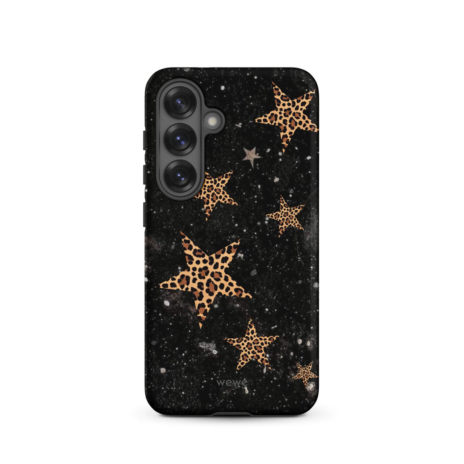 Custom samsung galaxy s25 Phone case with a black galaxy-like background and a scattered leopard print star pattern.