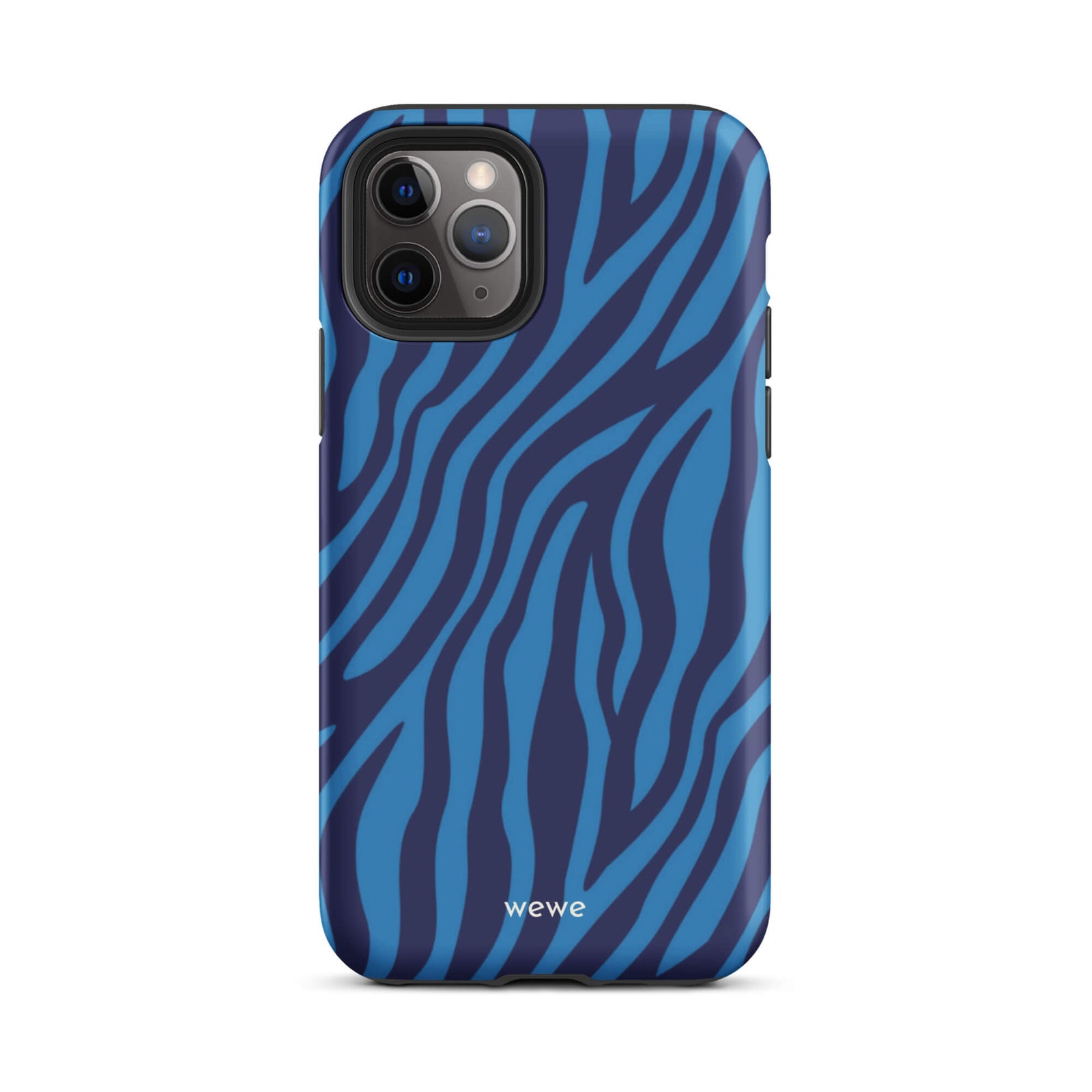 Custom iPhone case 11 pro with a bold and graphic blue and black zebra stripe pattern.