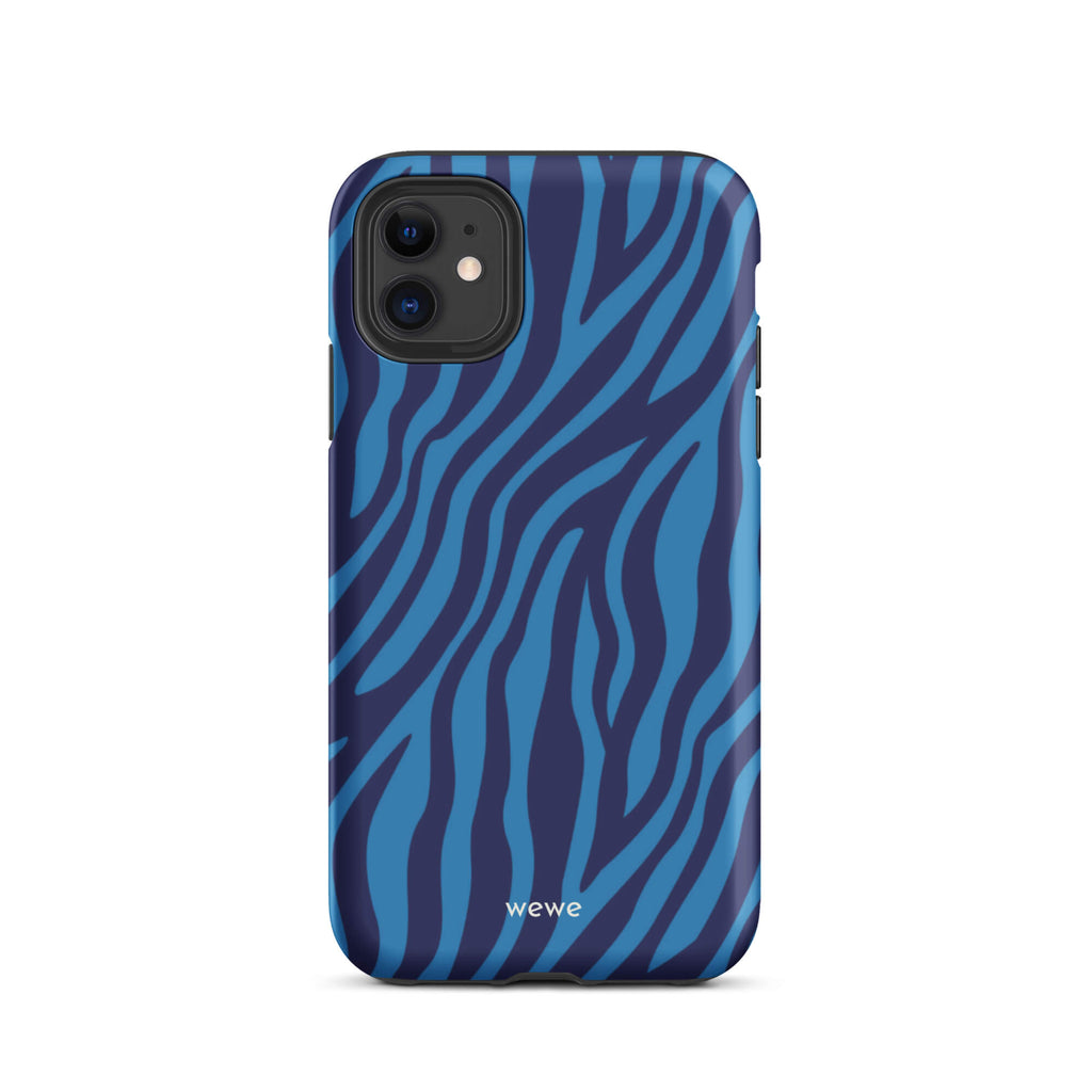 Custom iPhone case 11 with a bold and graphic blue and black zebra stripe pattern.