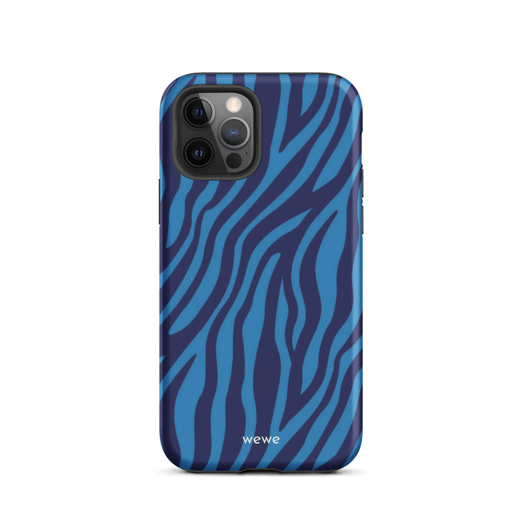 Custom iPhone case 12 pro with a bold and graphic blue and black zebra stripe pattern.