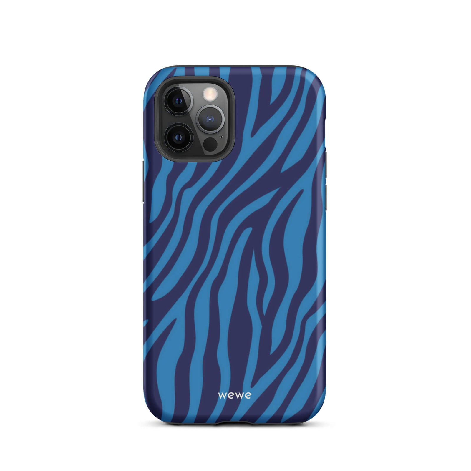Custom iPhone case 12 pro with a bold and graphic blue and black zebra stripe pattern.