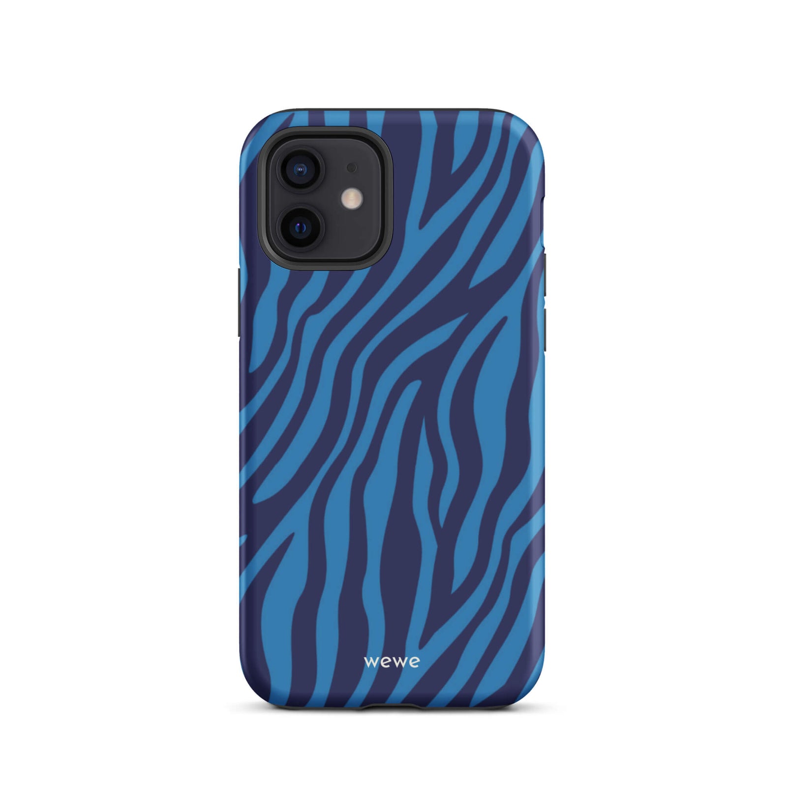 Custom iPhone case 12 with a bold and graphic blue and black zebra stripe pattern.