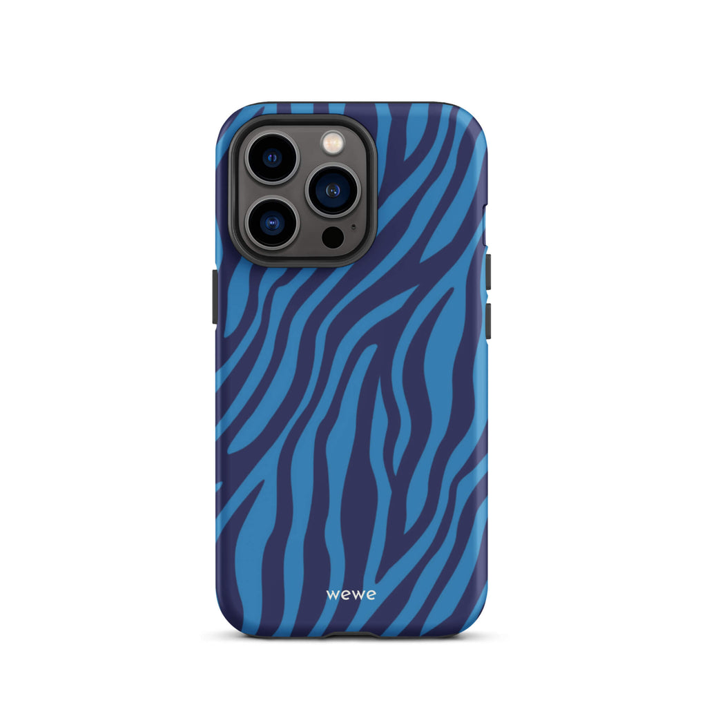 Custom iPhone case 13 pro with a bold and graphic blue and black zebra stripe pattern.