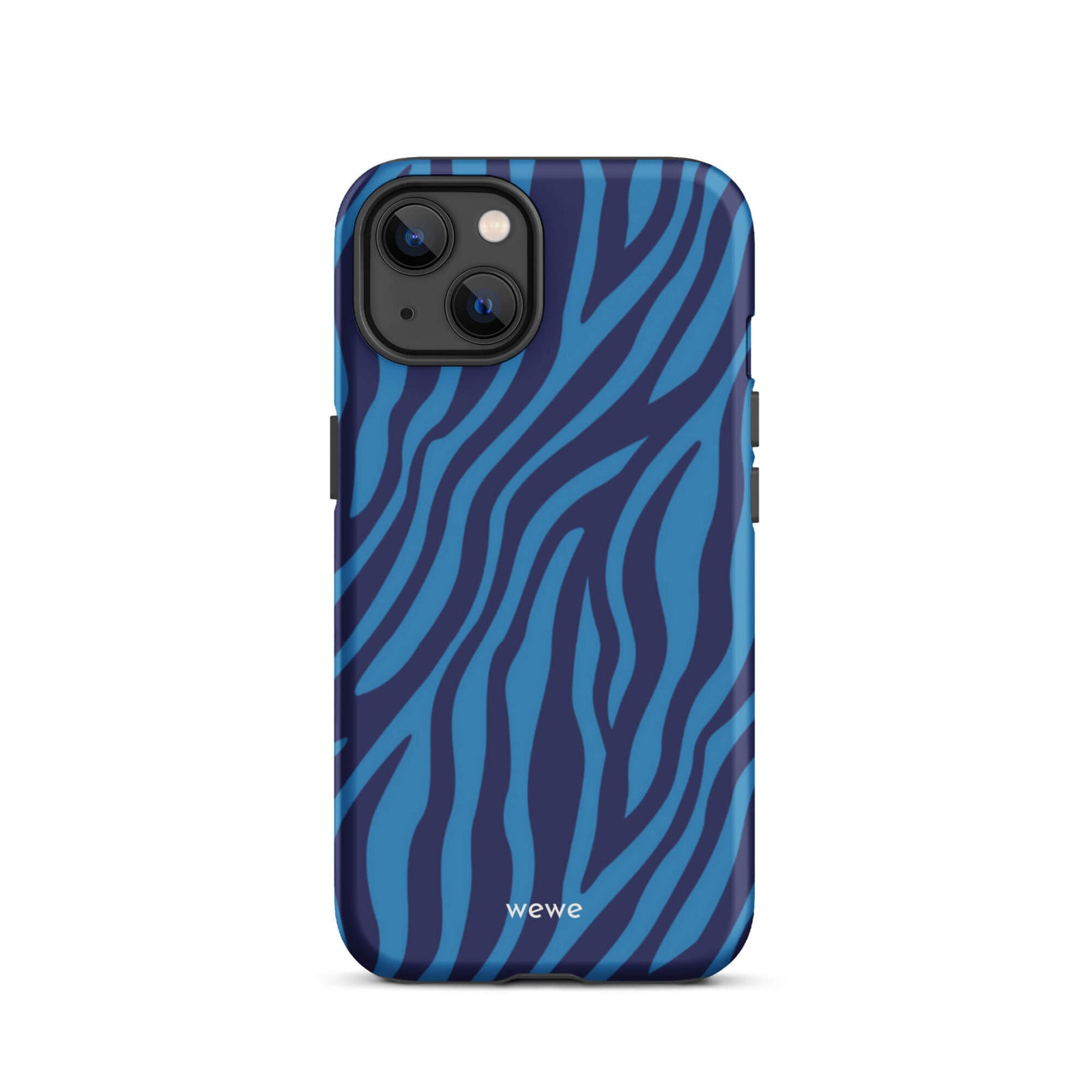 Custom iPhone case 13 with a bold and graphic blue and black zebra stripe pattern.