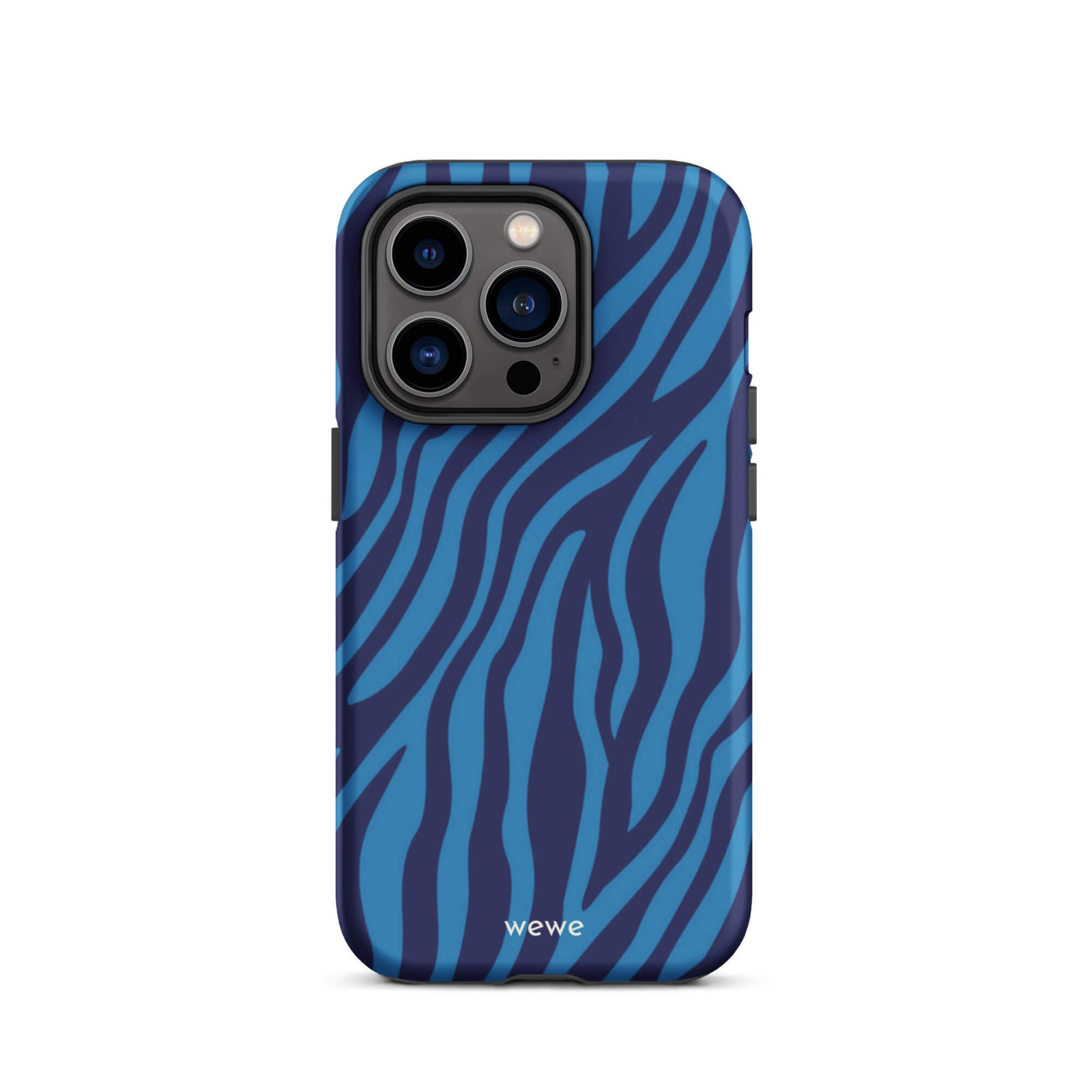 Custom iPhone case 14 pro with a bold and graphic blue and black zebra stripe pattern.