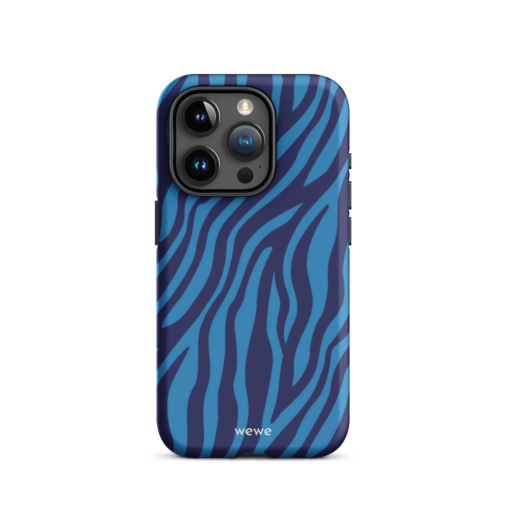 Custom iPhone case 15 pro with a bold and graphic blue and black zebra stripe pattern.