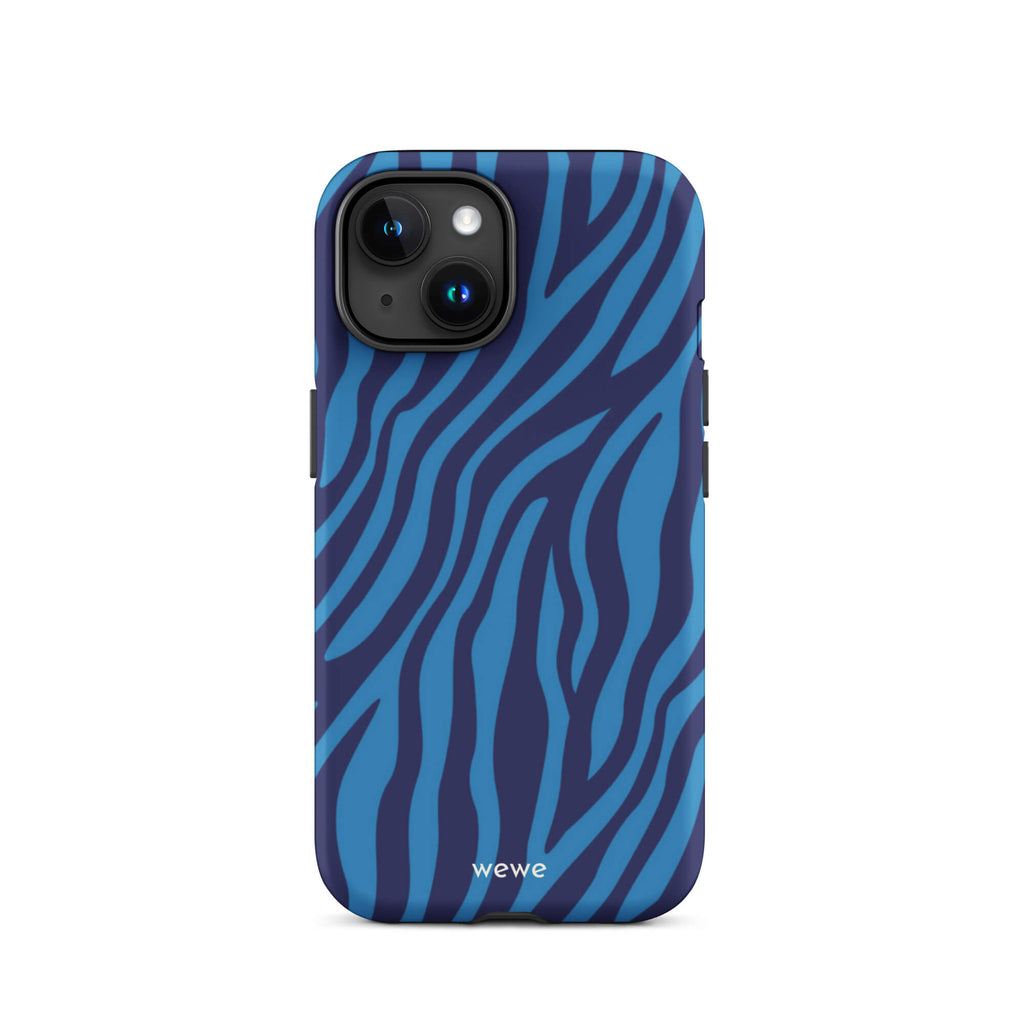 Custom iPhone case 15 with a bold and graphic blue and black zebra stripe pattern.