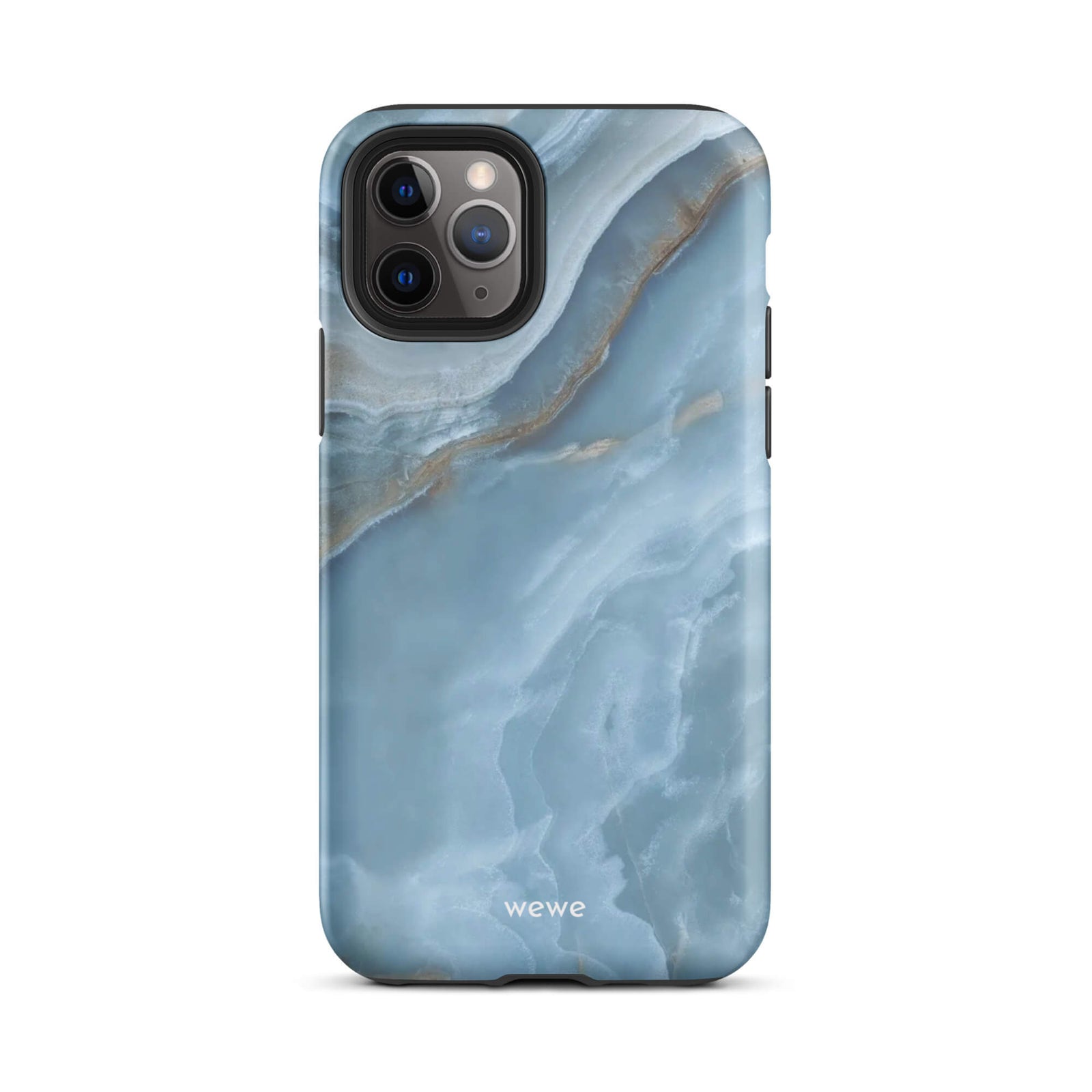 Custom iPhone case 11 pro with a close-up image of a blue, white, and gold marble-like agate slice.
