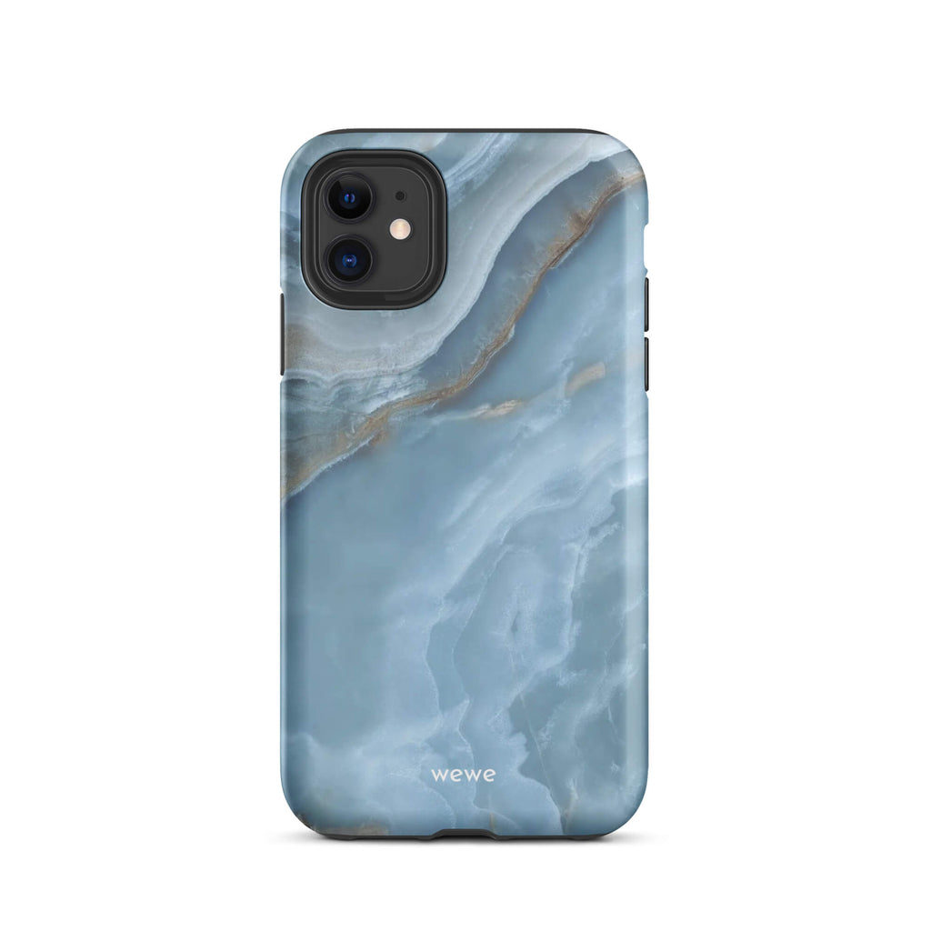 Custom iPhone case 11 with a close-up image of a blue, white, and gold marble-like agate slice.