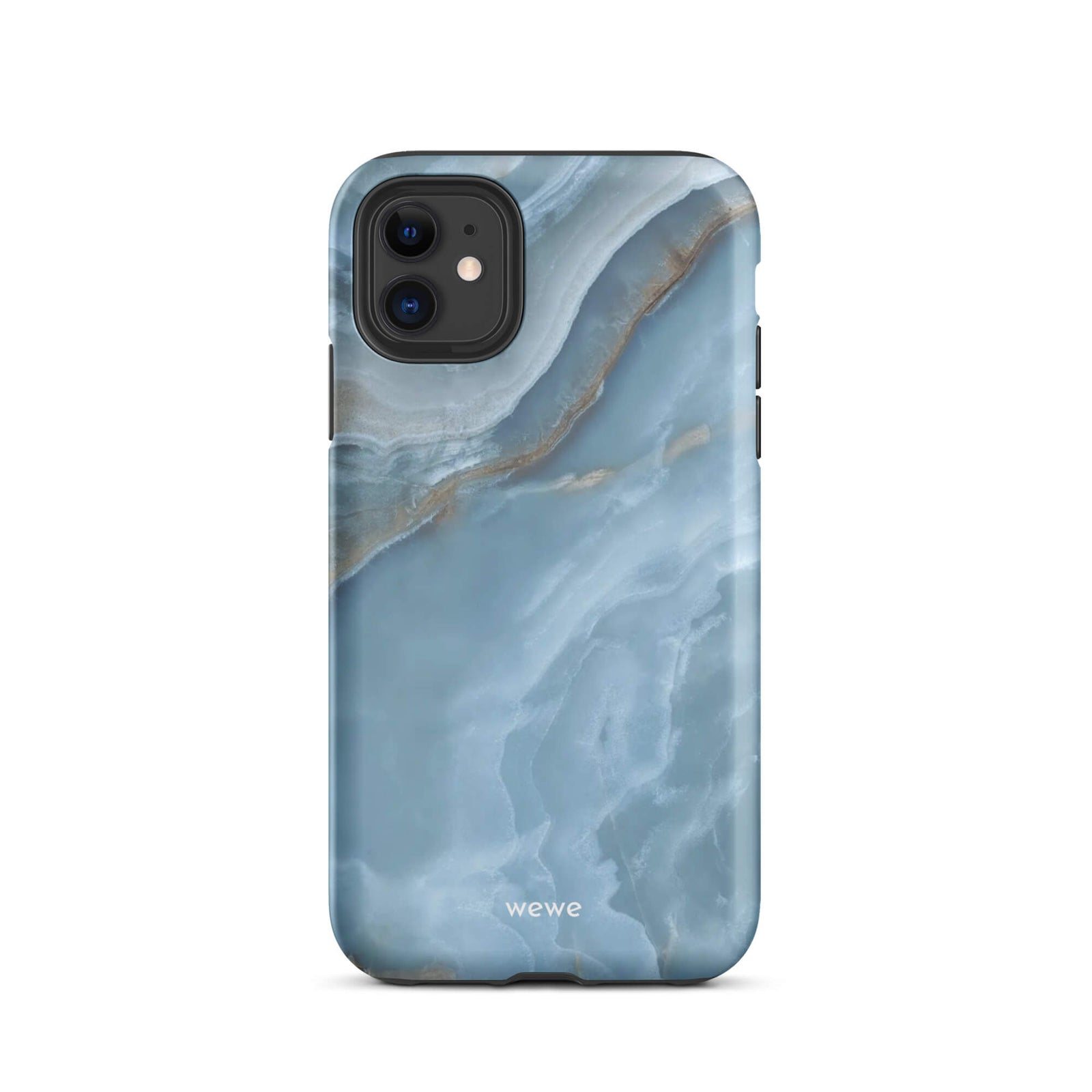 Custom iPhone case 11 with a close-up image of a blue, white, and gold marble-like agate slice.