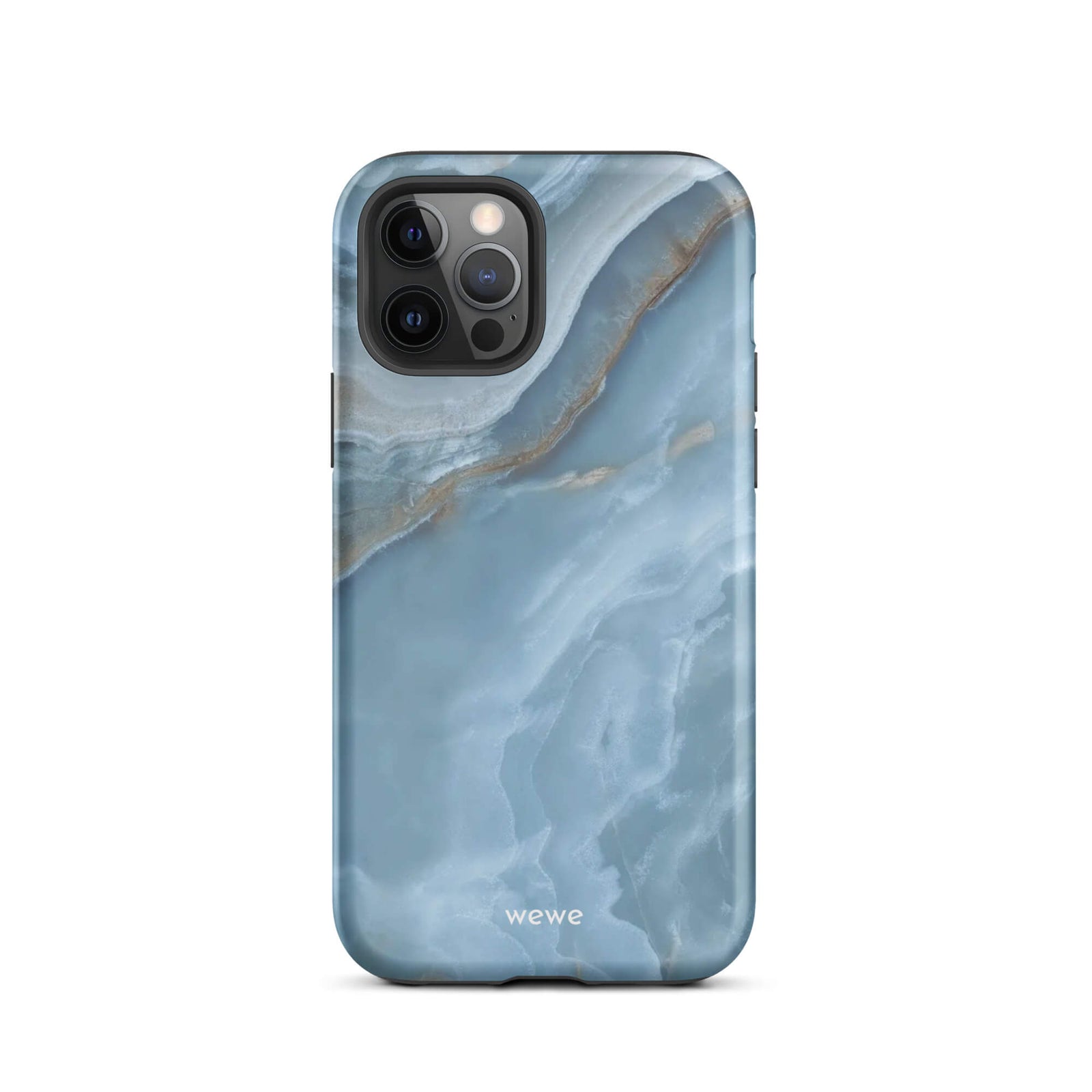 Custom iPhone case 12 pro with a close-up image of a blue, white, and gold marble-like agate slice.