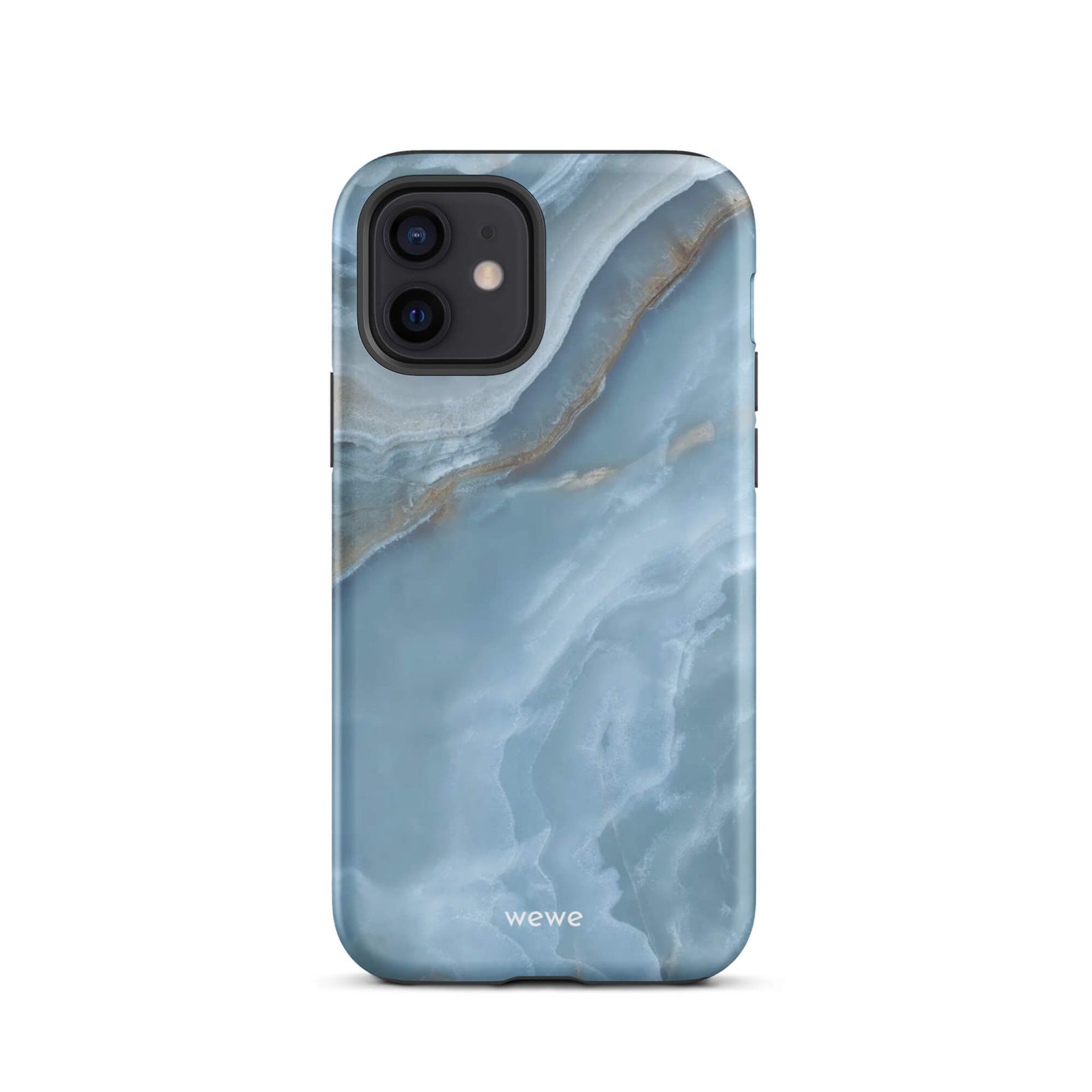 Custom iPhone case 12 with a close-up image of a blue, white, and gold marble-like agate slice.