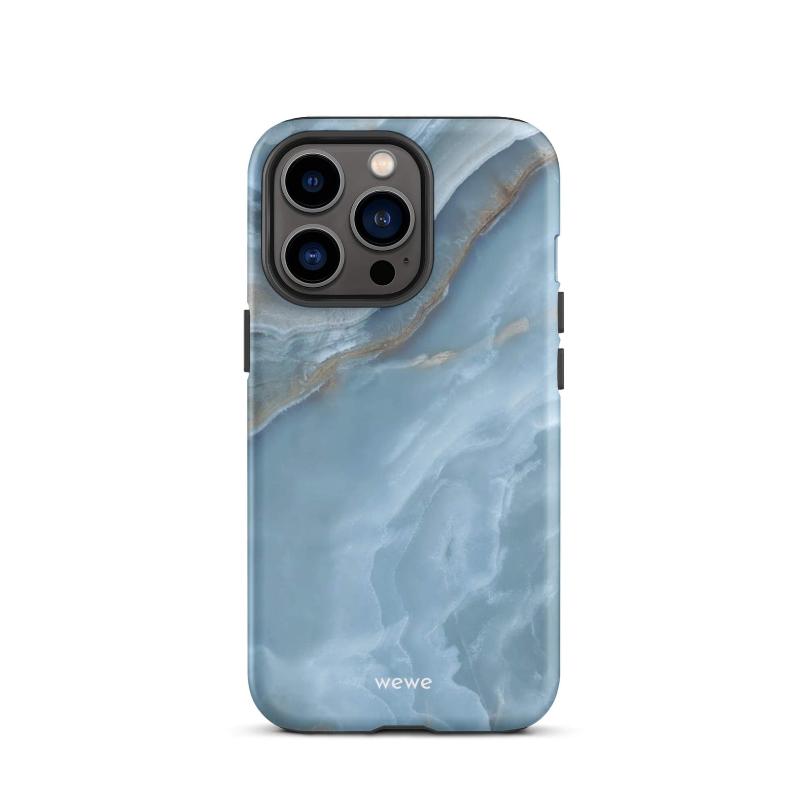 Custom iPhone case 13 pro with a close-up image of a blue, white, and gold marble-like agate slice.