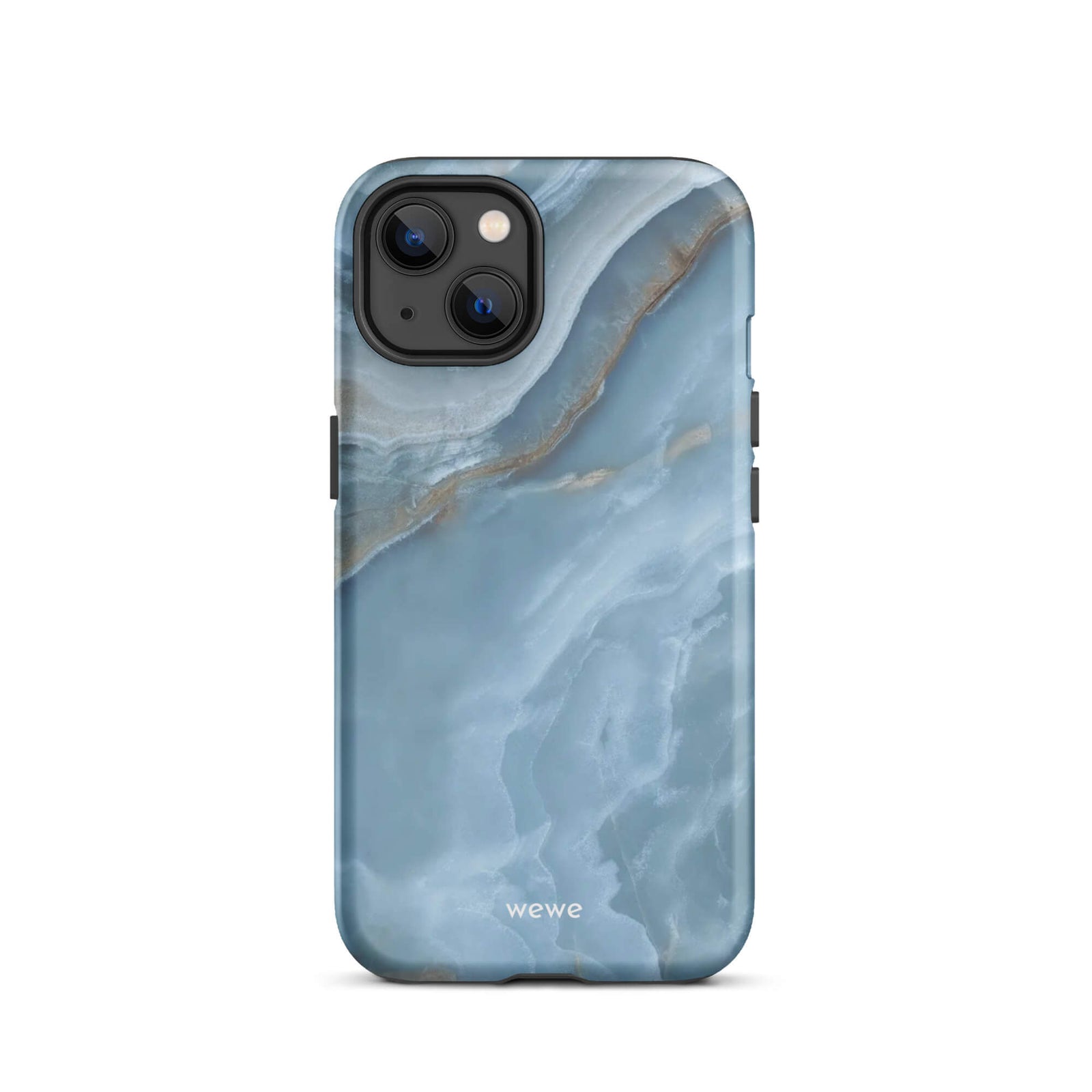 Custom iPhone case 13 with a close-up image of a blue, white, and gold marble-like agate slice.