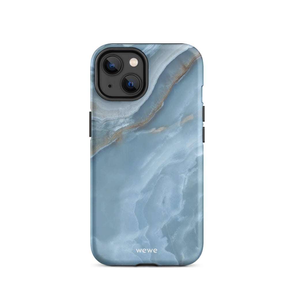 Custom iPhone case 14 with a close-up image of a blue, white, and gold marble-like agate slice.