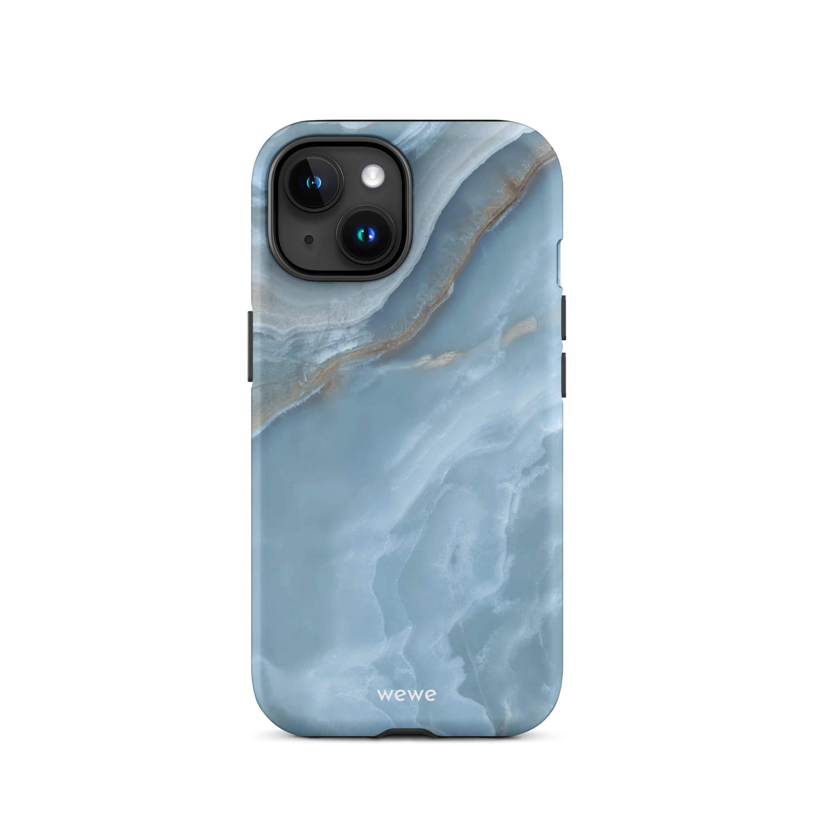 Custom iPhone case 15 with a close-up image of a blue, white, and gold marble-like agate slice.