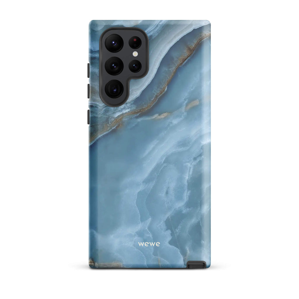 Custom samsung galaxy s22 ultra Phone case with a close-up image of a blue, white, and gold marble-like agate slice.