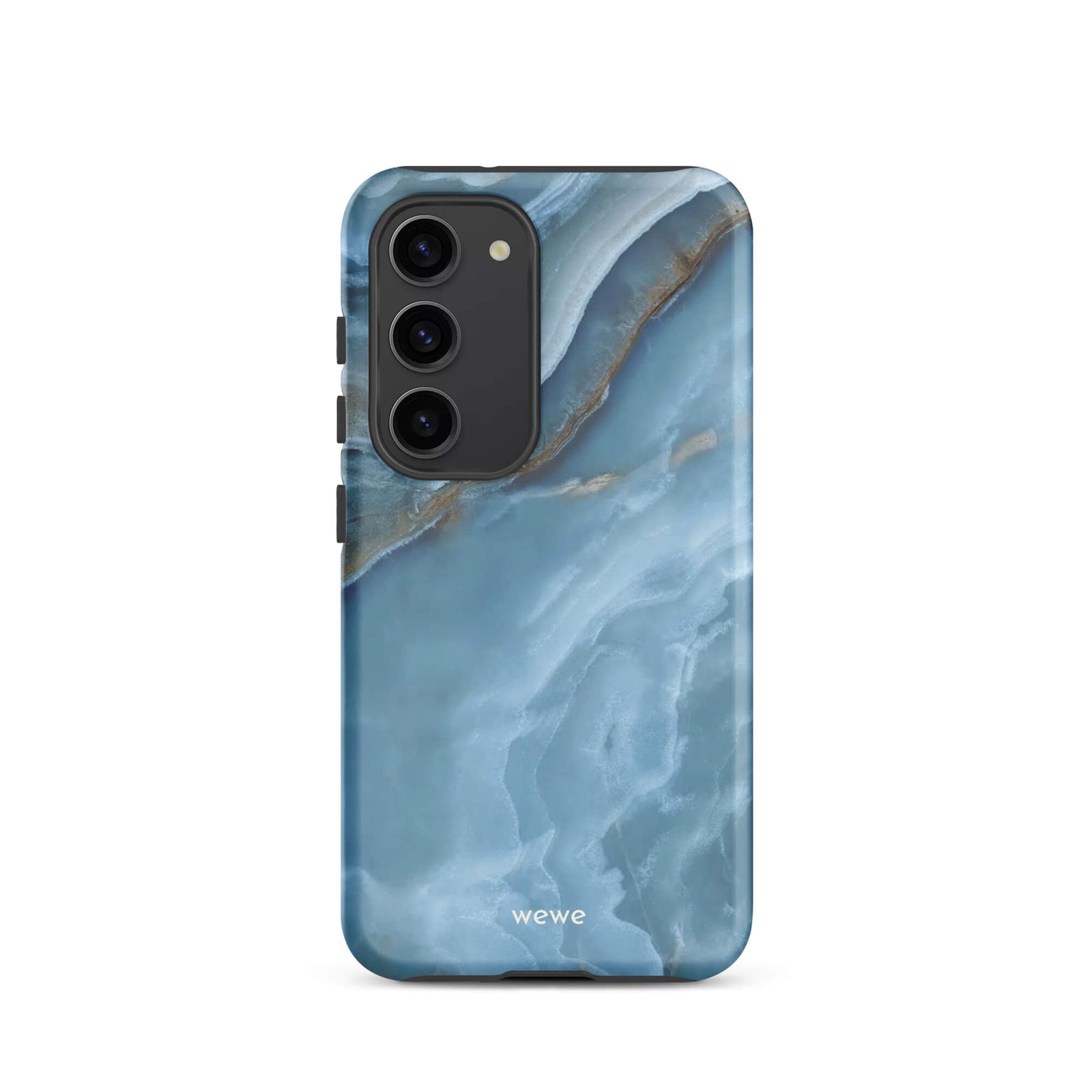 Custom samsung galaxy s23 Phone case with a close-up image of a blue, white, and gold marble-like agate slice.