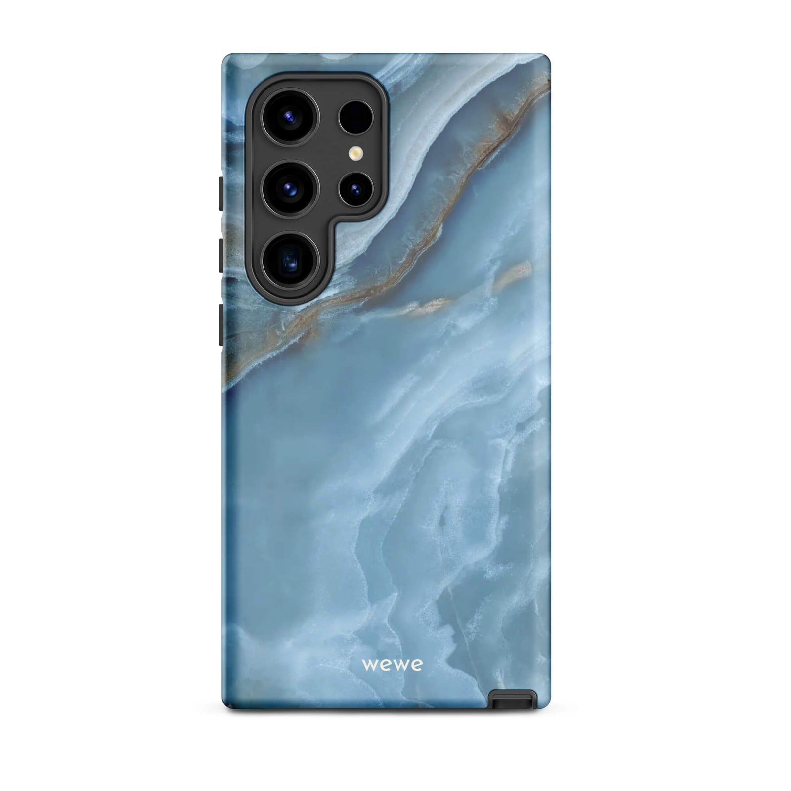 Custom samsung galaxy s24 ultra Phone case with a close-up image of a blue, white, and gold marble-like agate slice.