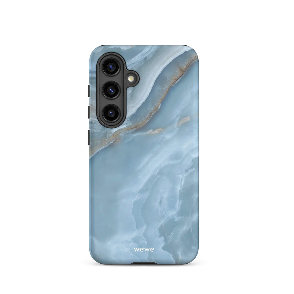 Custom samsung galaxy s24 Phone case with a close-up image of a blue, white, and gold marble-like agate slice.