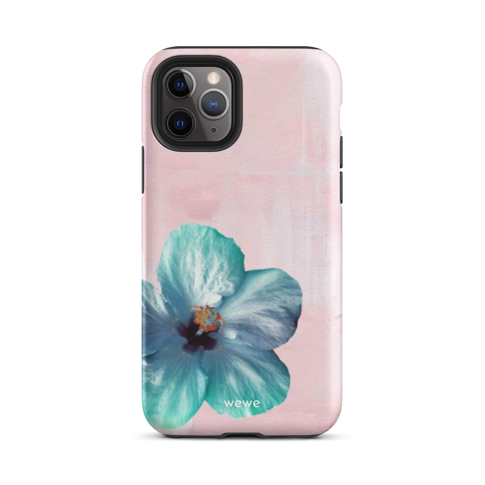Custom iPhone case 11 pro with a photo of a blue hibiscus flower with a green center on a soft pink painted 