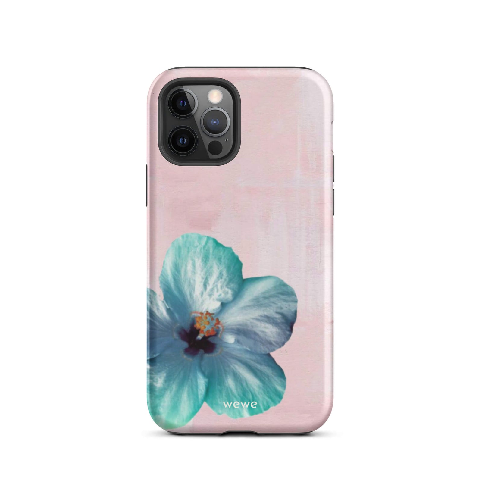 Custom iPhone case 12 pro with a photo of a blue hibiscus flower with a green center on a soft pink painted 