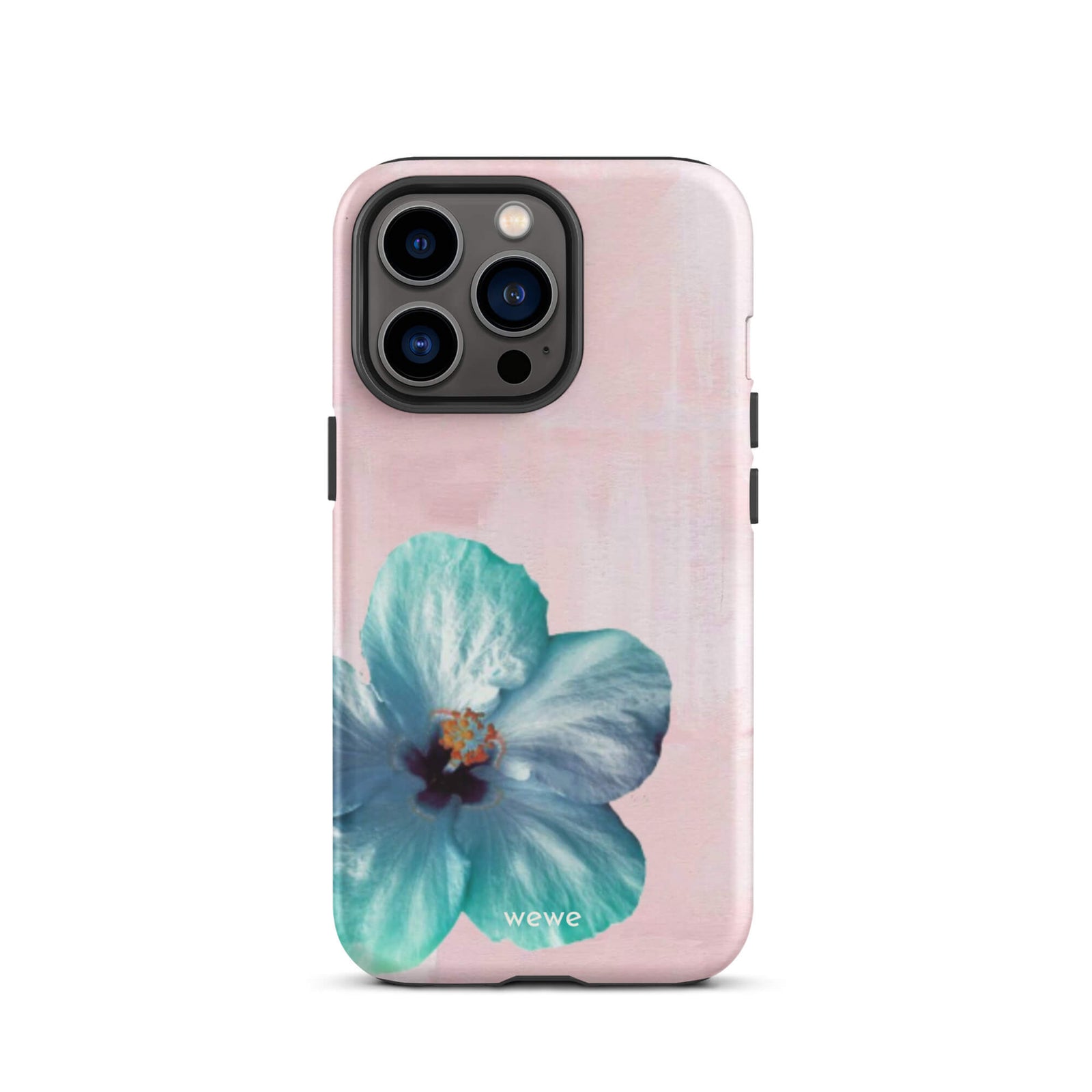 Custom iPhone case 13 pro with a photo of a blue hibiscus flower with a green center on a soft pink painted 