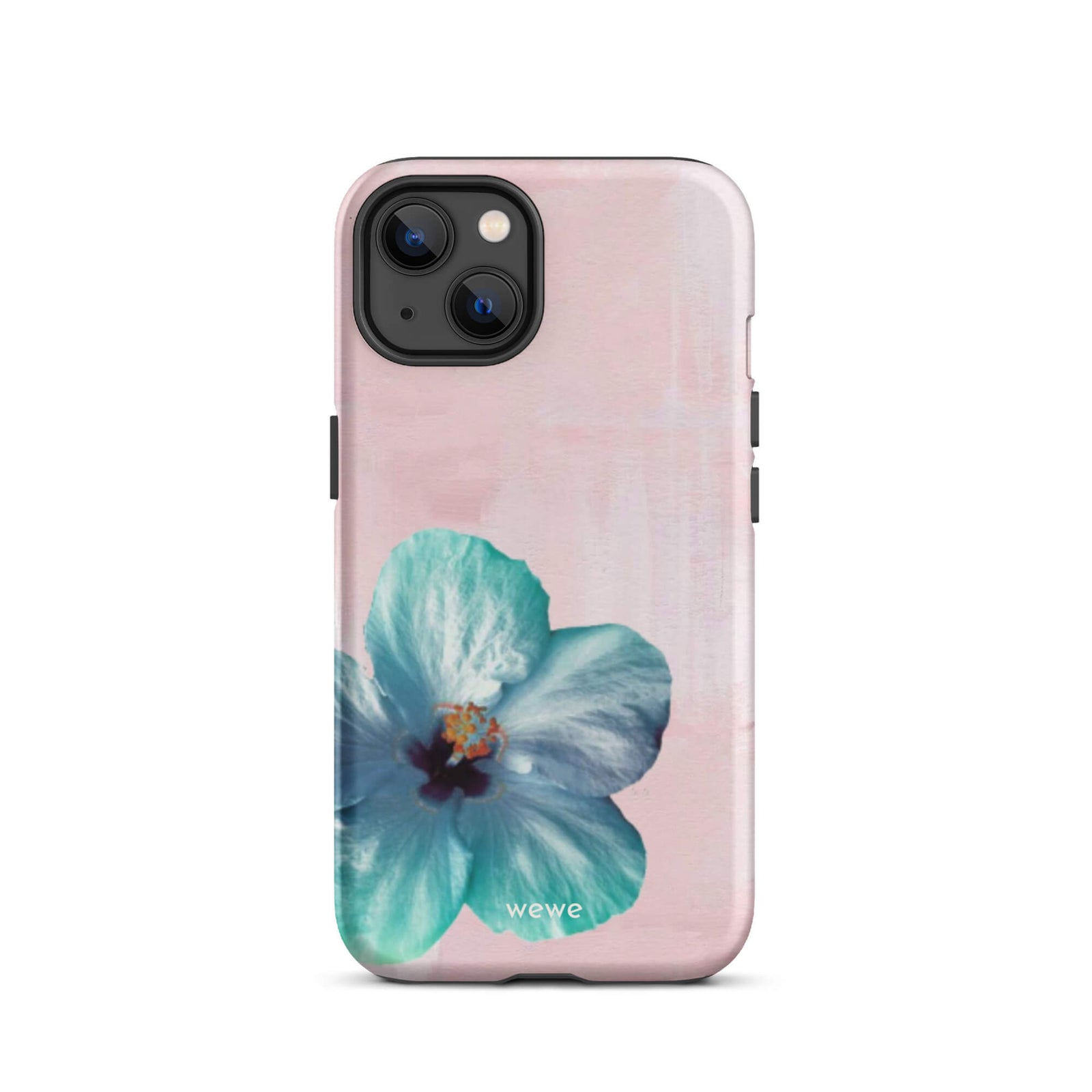 Custom iPhone case 13 with a photo of a blue hibiscus flower with a green center on a soft pink painted 